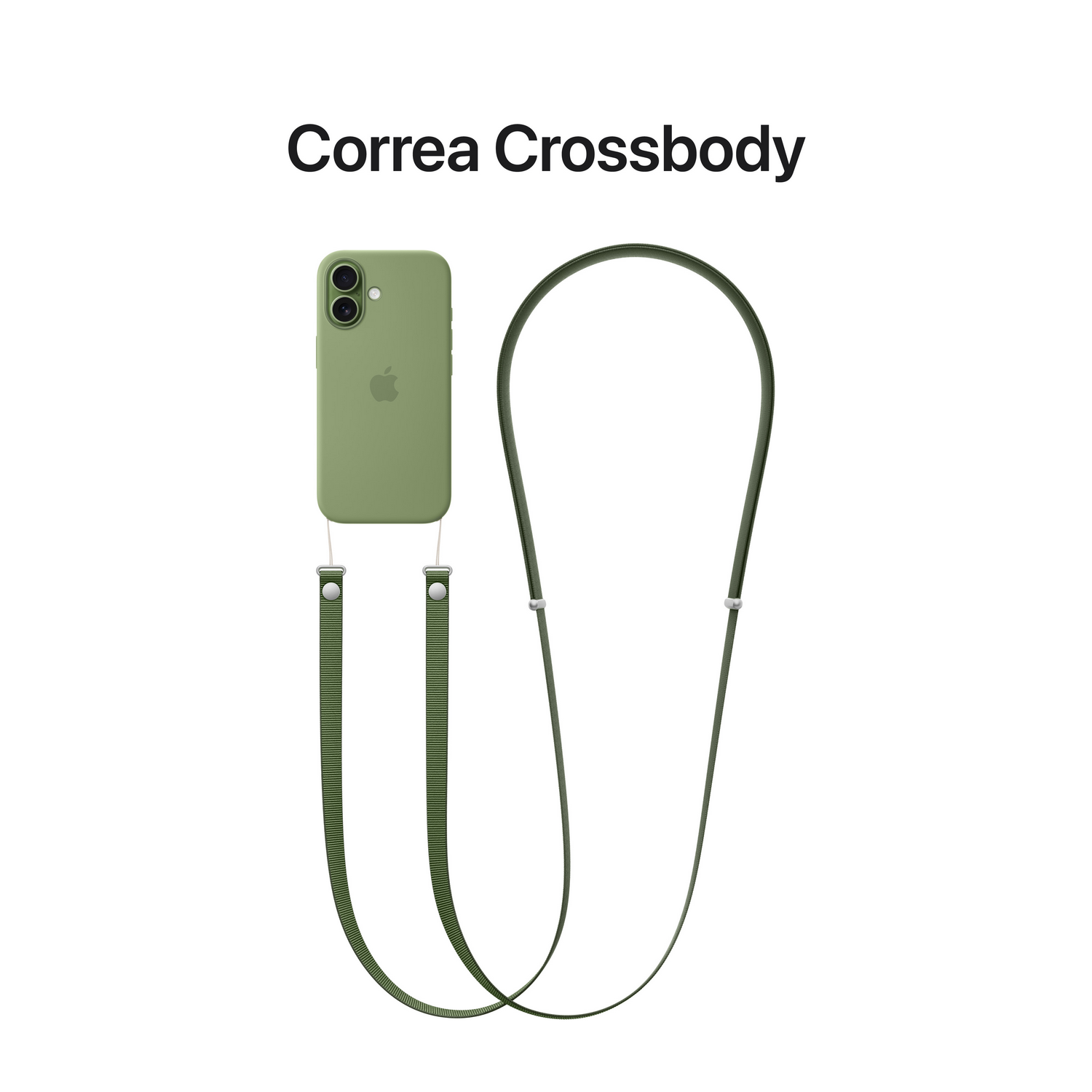 Una funda verde para teléfono con correa, con el logo de Apple. El texto superior dice 'Correa Crossbody'.