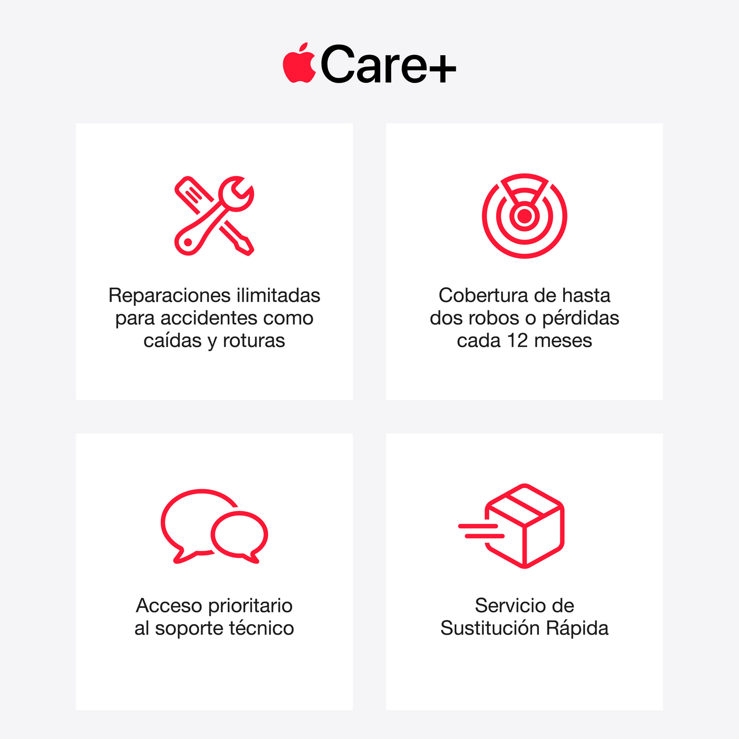 La imagen muestra un anuncio de Apple Care+ con cuatro iconos y texto. Incluye reparación, cobertura de robo, soporte técnico y reemplazo rápido.