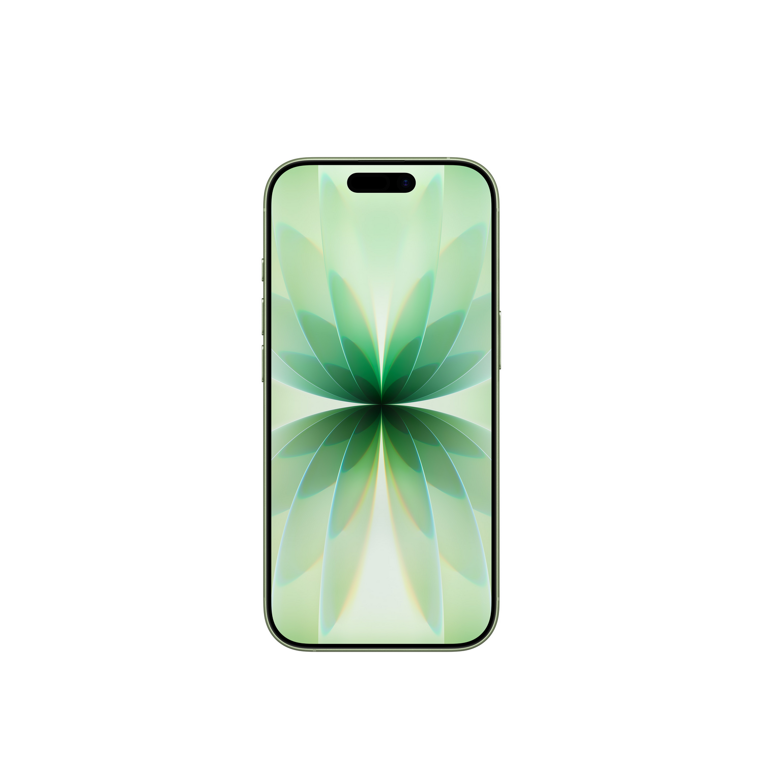 Un smartphone con un fondo de pantalla floral verde y blanco, el marco del teléfono también es verde. El fondo es blanco.