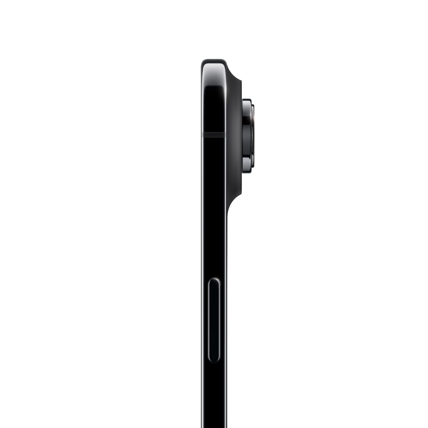 Vista lateral de un teléfono inteligente negro. Las lentes de la cámara están en la parte superior derecha. El teléfono está sobre un fondo blanco.
