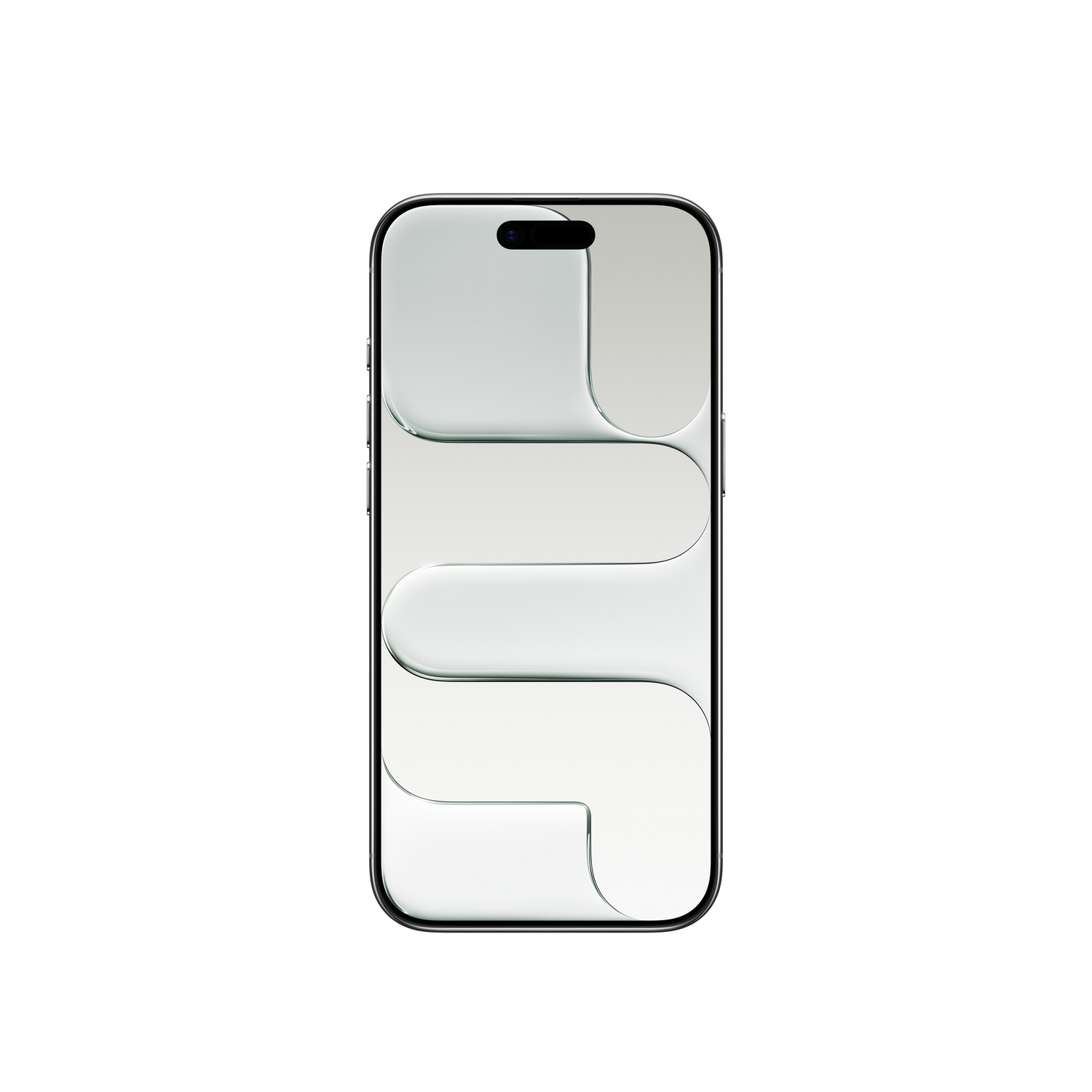 Una maqueta de smartphone con marco negro y diseño de pantalla clara. La pantalla presenta formas geométricas curvas.