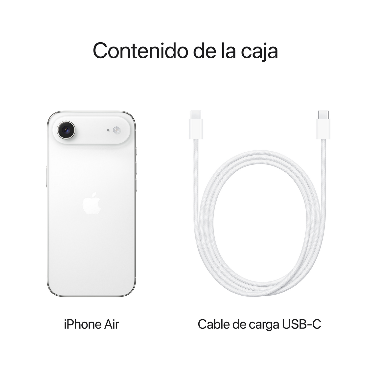 iPhone Air blanco y cable de carga USB-C sobre fondo blanco. El teléfono está a la izquierda y el cable a la derecha.