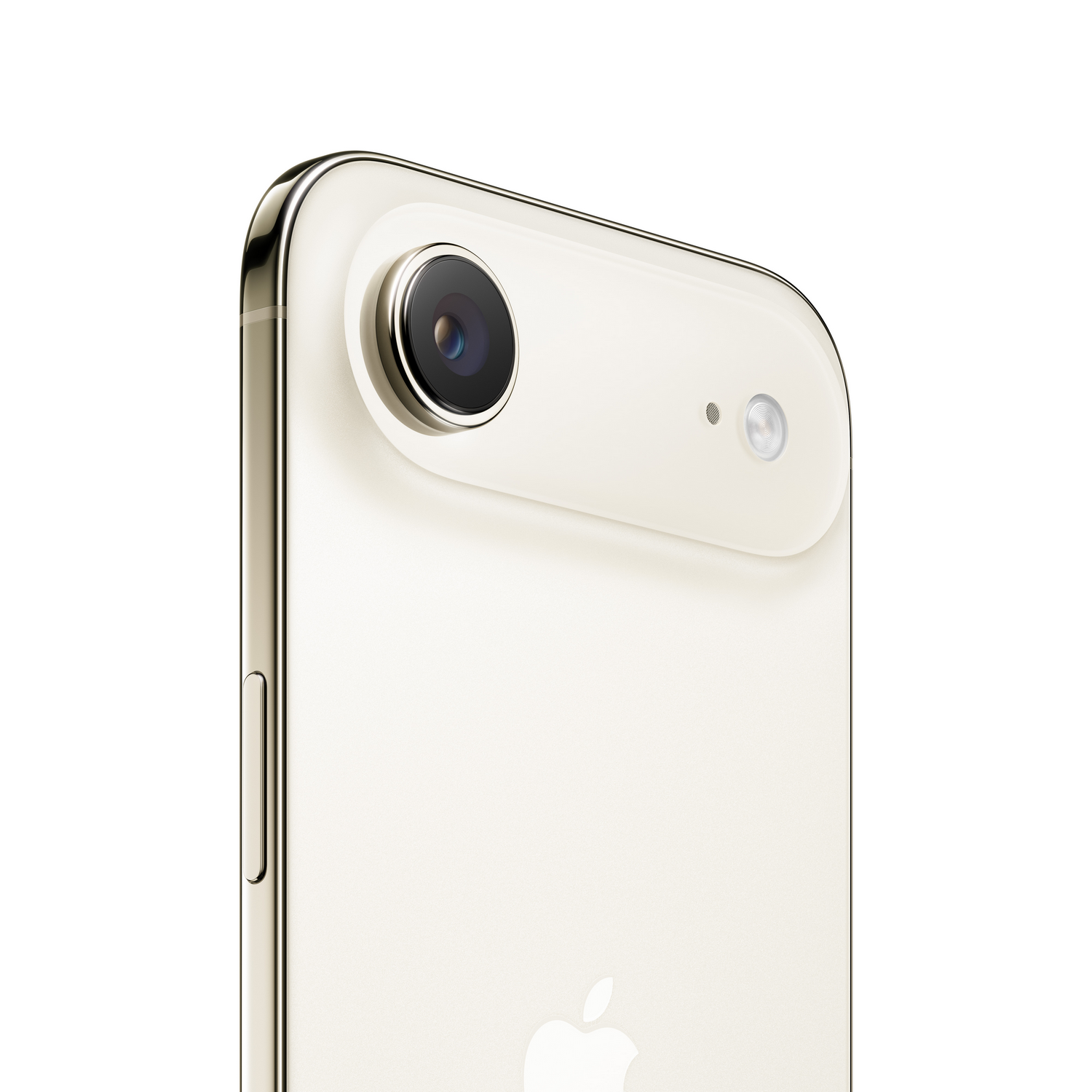Primer plano de un iPhone color crema. La lente de la cámara y el flash son visibles. El logotipo de Apple está en la parte inferior. El fondo es blanco.