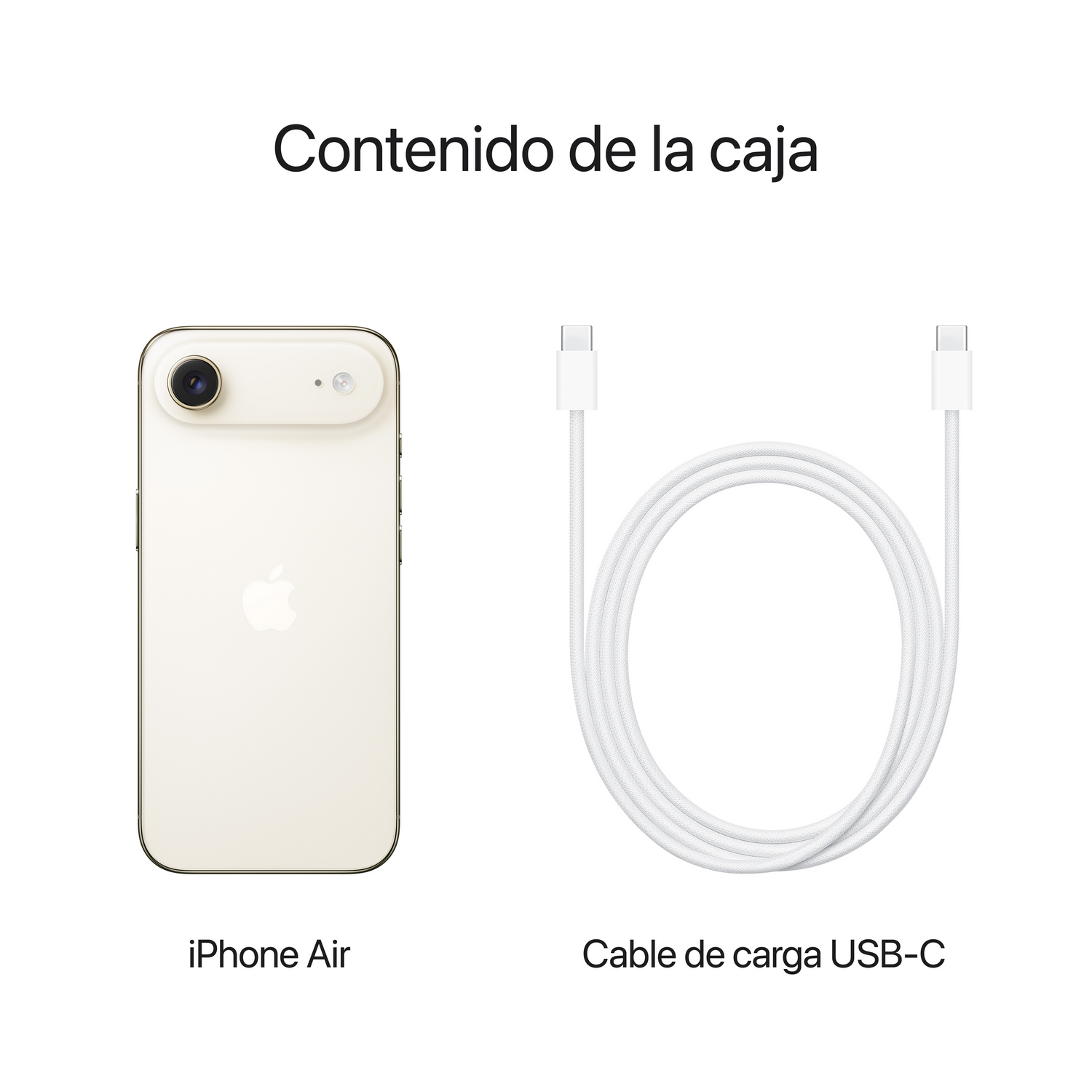 Un iPhone Air y un cable de carga USB-C blanco sobre fondo blanco. Texto en español: 'Contenido de la caja'.