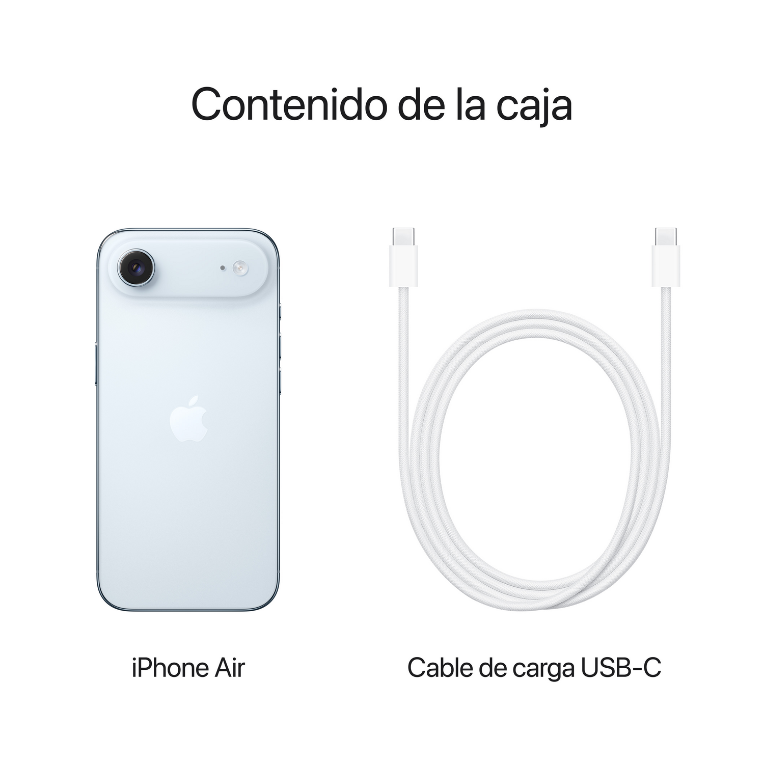 La imagen muestra un iPhone Air y un cable de carga USB-C. El teléfono es azul claro, el cable blanco, ambos sobre fondo blanco.
