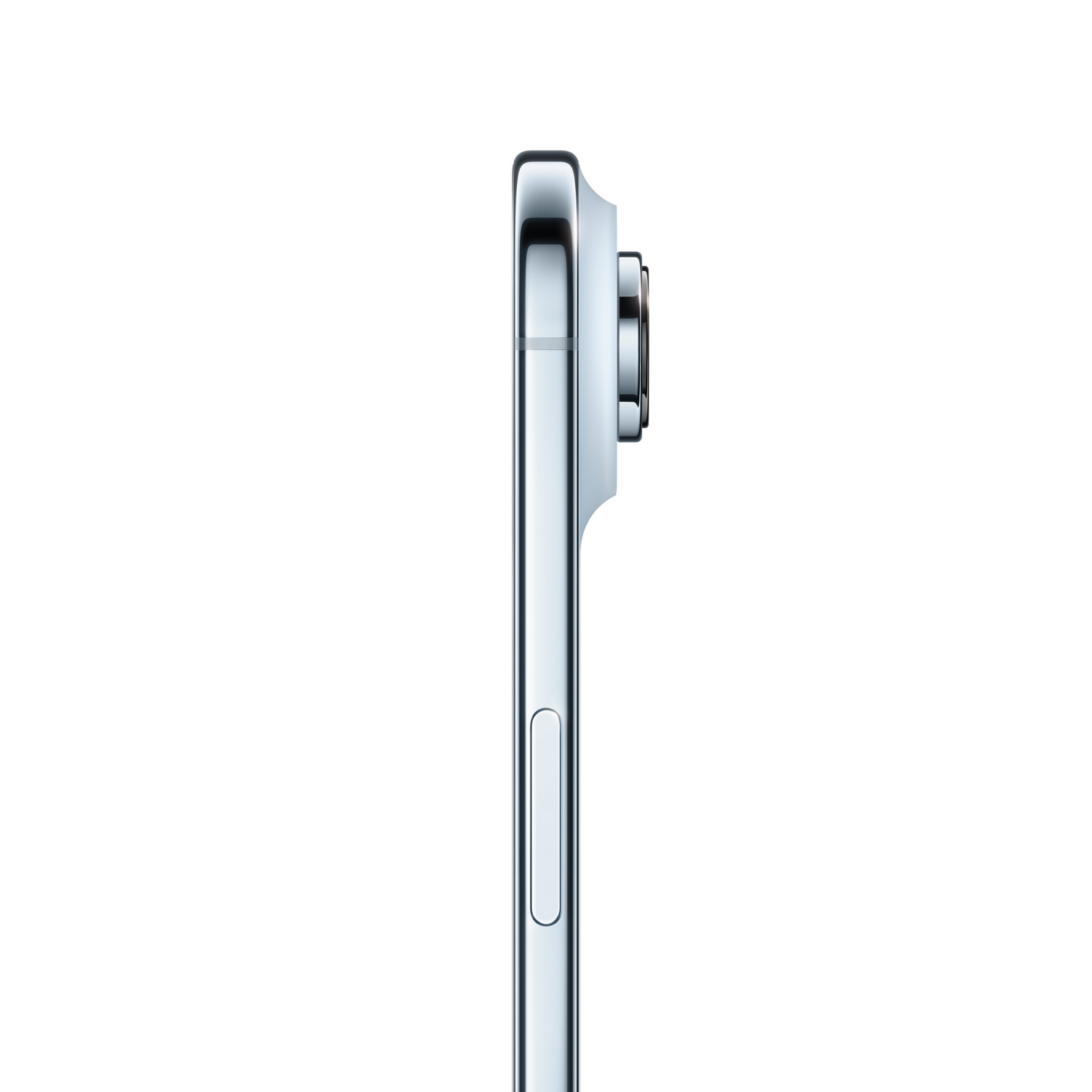 Vista lateral de un smartphone plateado con protuberancia de cámara. El teléfono está sobre un fondo blanco. La cámara tiene múltiples lentes.
