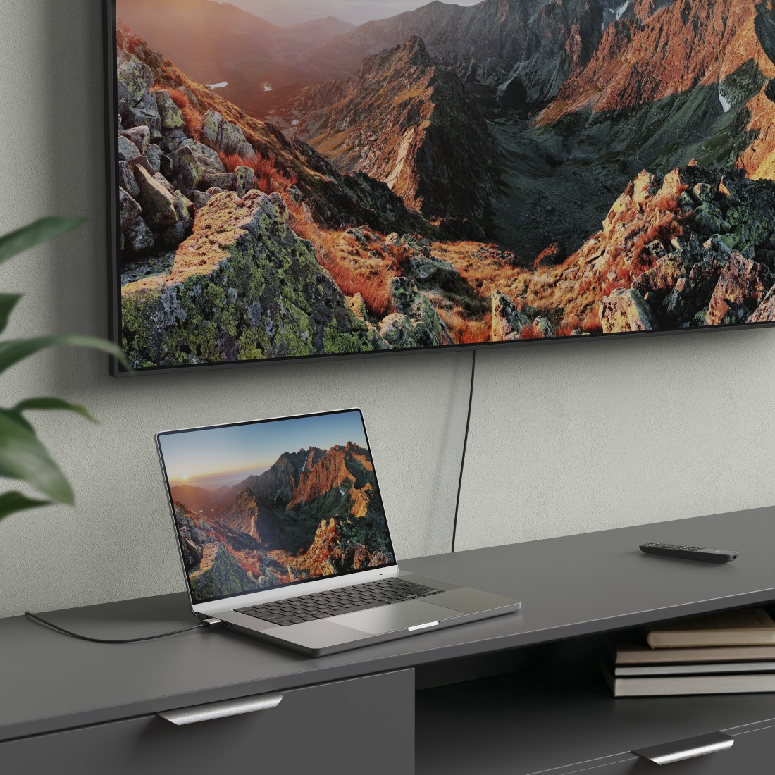 Ein Laptop, der mit einem Fernseher verbunden ist, der eine Berglandschaft zeigt. Der Laptop steht auf einem dunkelgrauen Schrank. Eine Fernbedienung und Bücher sind sichtbar.