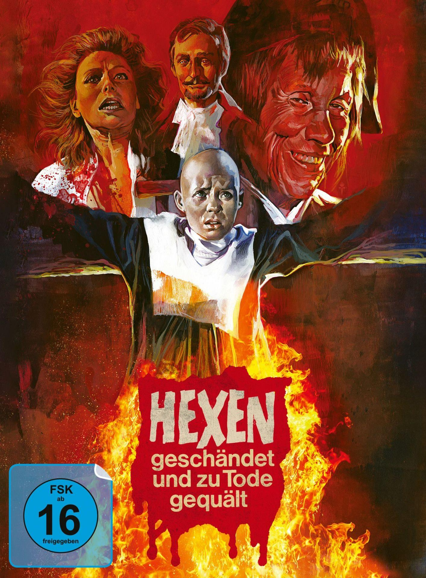 Filmposter von 'Hexen'. Mehrere Gesichter, ein Kind im Zentrum. Flammen und deutscher Text. Bewertungsplakette unten.