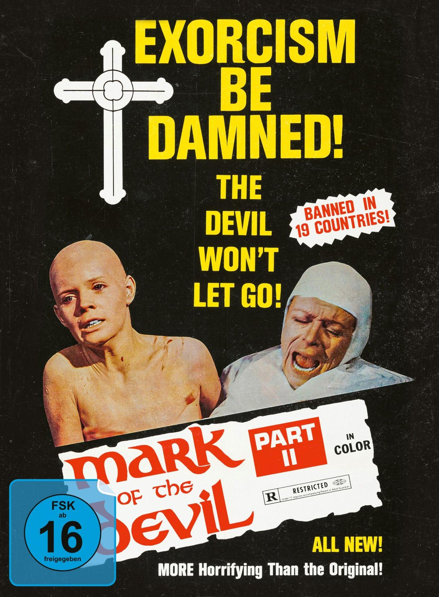Filmposter für 'Mark of the Devil II'. Es zeigt eine glatzköpfige Person und eine andere Person mit Kapuze. Text: 'Exorzismus verdammt!'