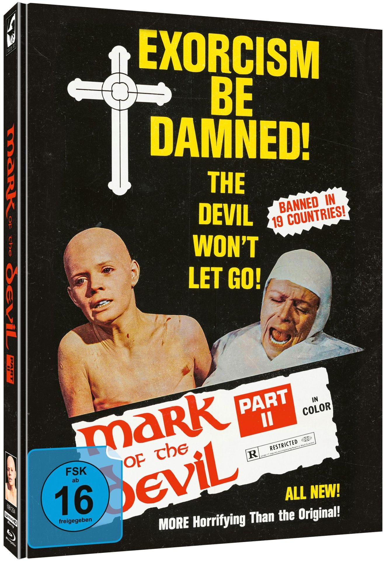 Filmposter mit kahler Frau und schreiender Person. Text: Exorzismus Sei Verdammt, Mark of the Devil. In 19 Ländern verboten.
