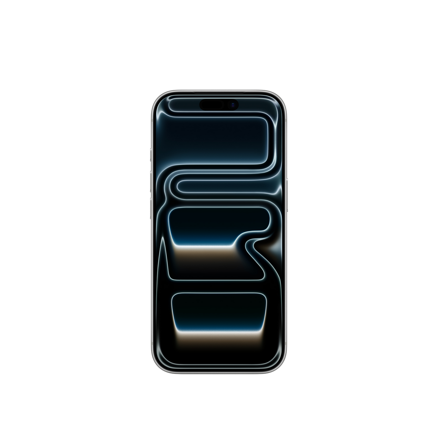 Un smartphone con pantalla oscura y formas brillantes de neón sobre fondo blanco. El teléfono tiene una cámara en la parte superior.