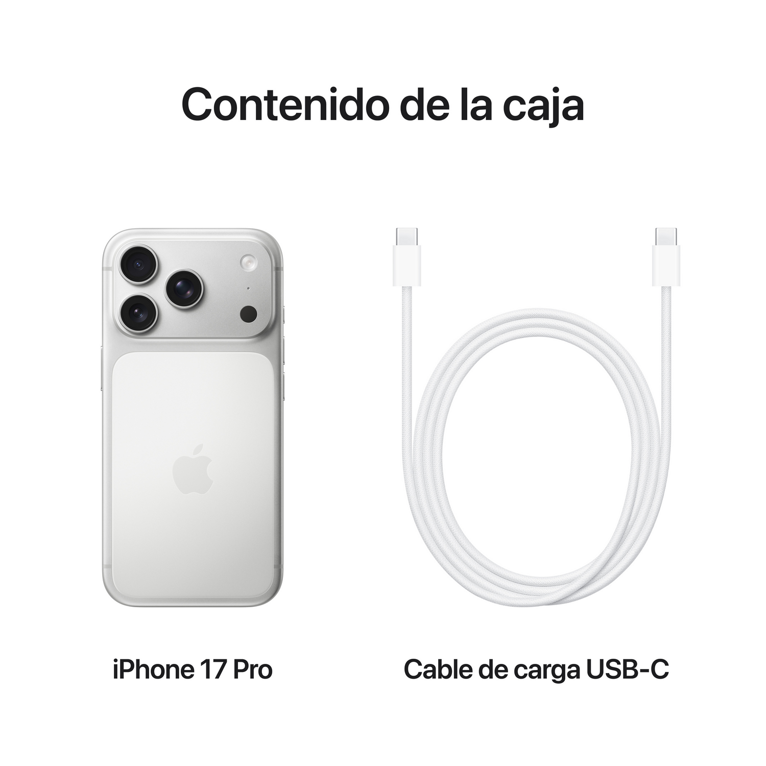 La imagen muestra un iPhone 17 Pro y un cable de carga USB-C blanco. El teléfono es plateado y tiene una configuración de cámara triple.
