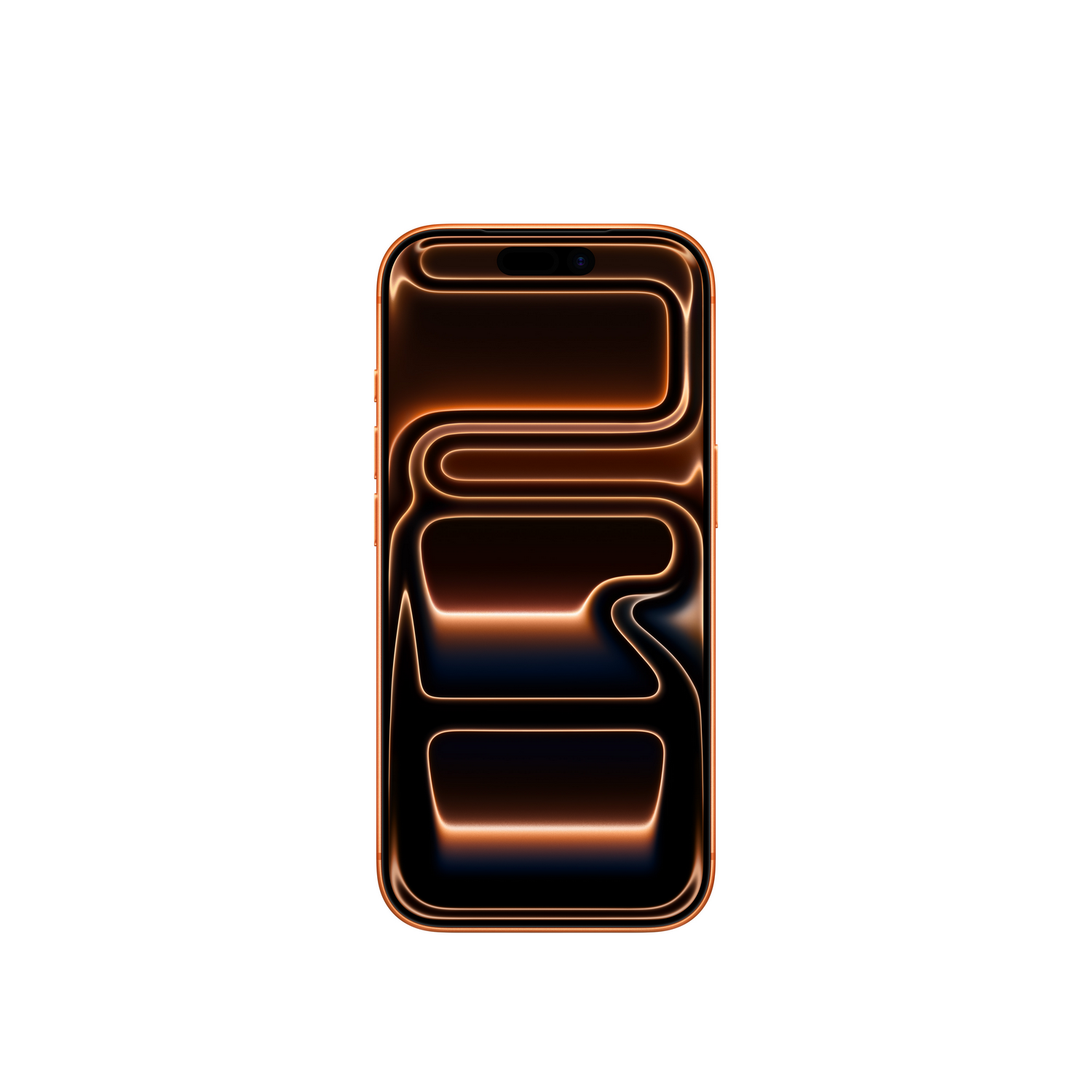 Un smartphone con contornos naranjas brillantes sobre fondo blanco. La pantalla muestra formas abstractas y curvas en oscuro.