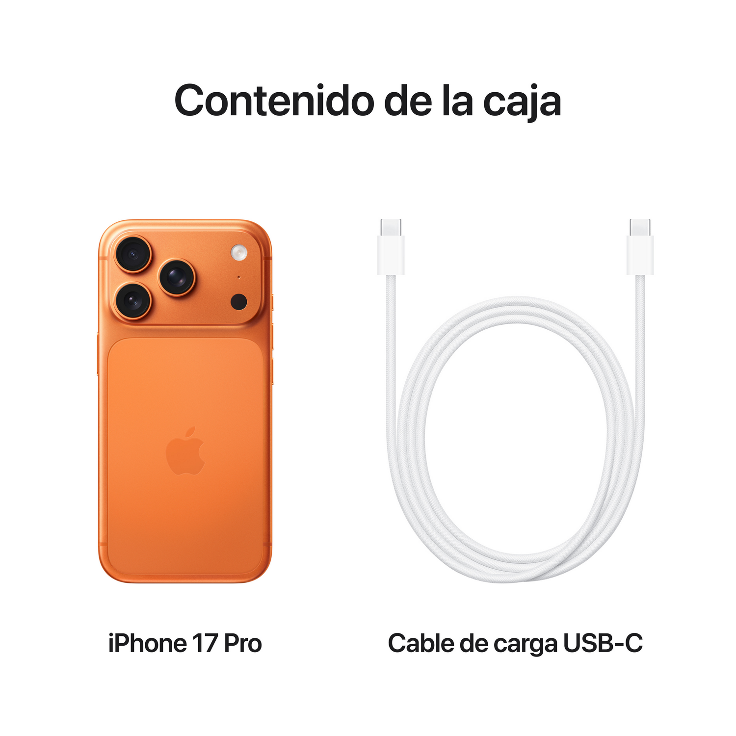 Un iPhone 17 Pro naranja y un cable de carga USB-C blanco sobre fondo blanco. Texto: 'Contenido de la caja'.