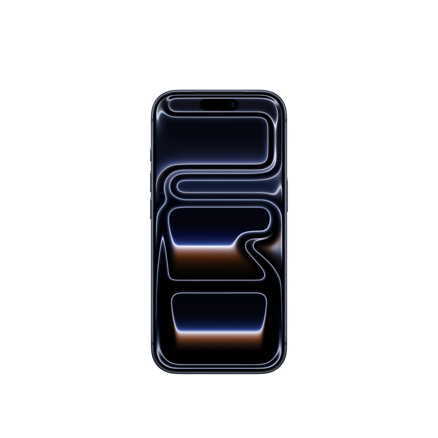 Un smartphone con un diseño brillante y abstracto en la pantalla. El diseño presenta líneas curvas y rectángulos en tonos azules y marrones.