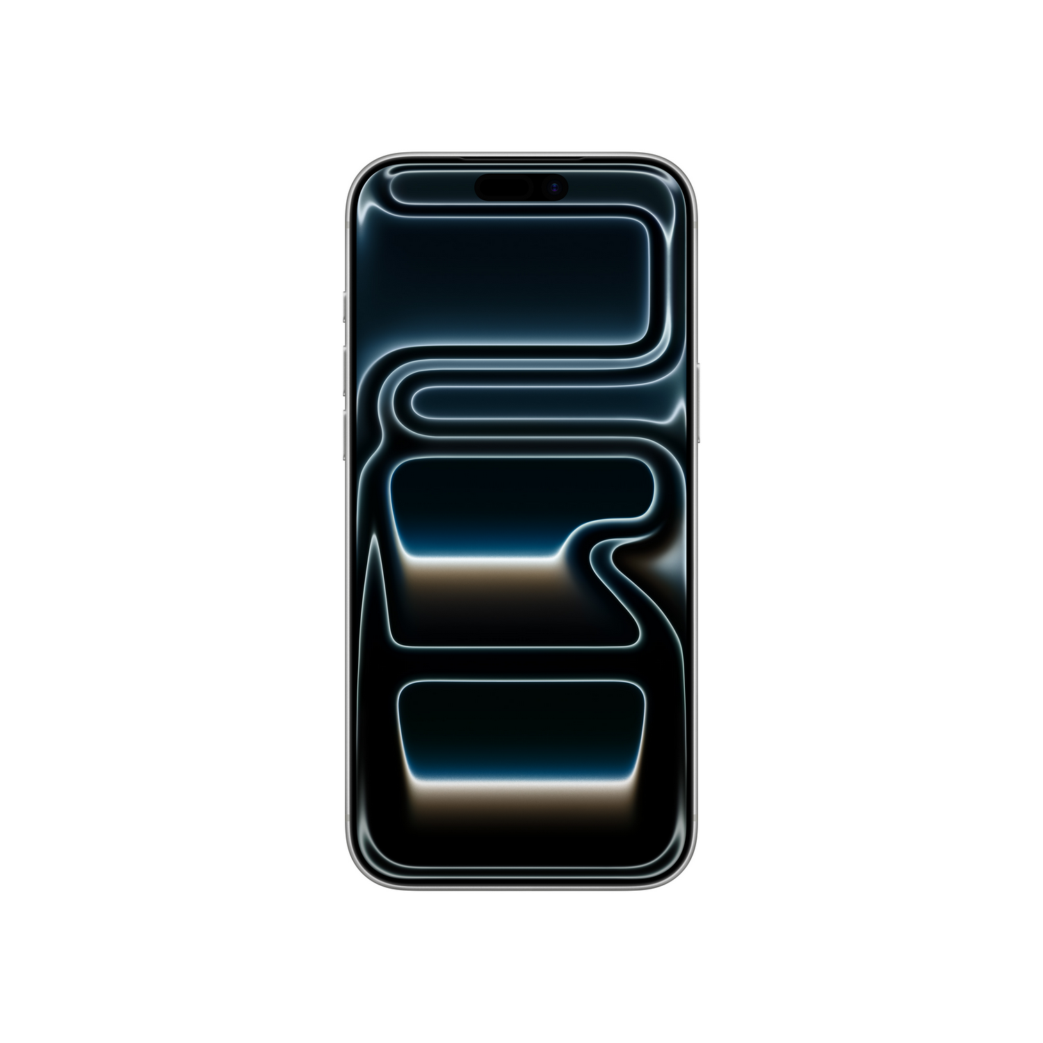 Un smartphone sobre fondo blanco. La pantalla muestra líneas brillantes azules y blancas, el teléfono es negro y plateado.