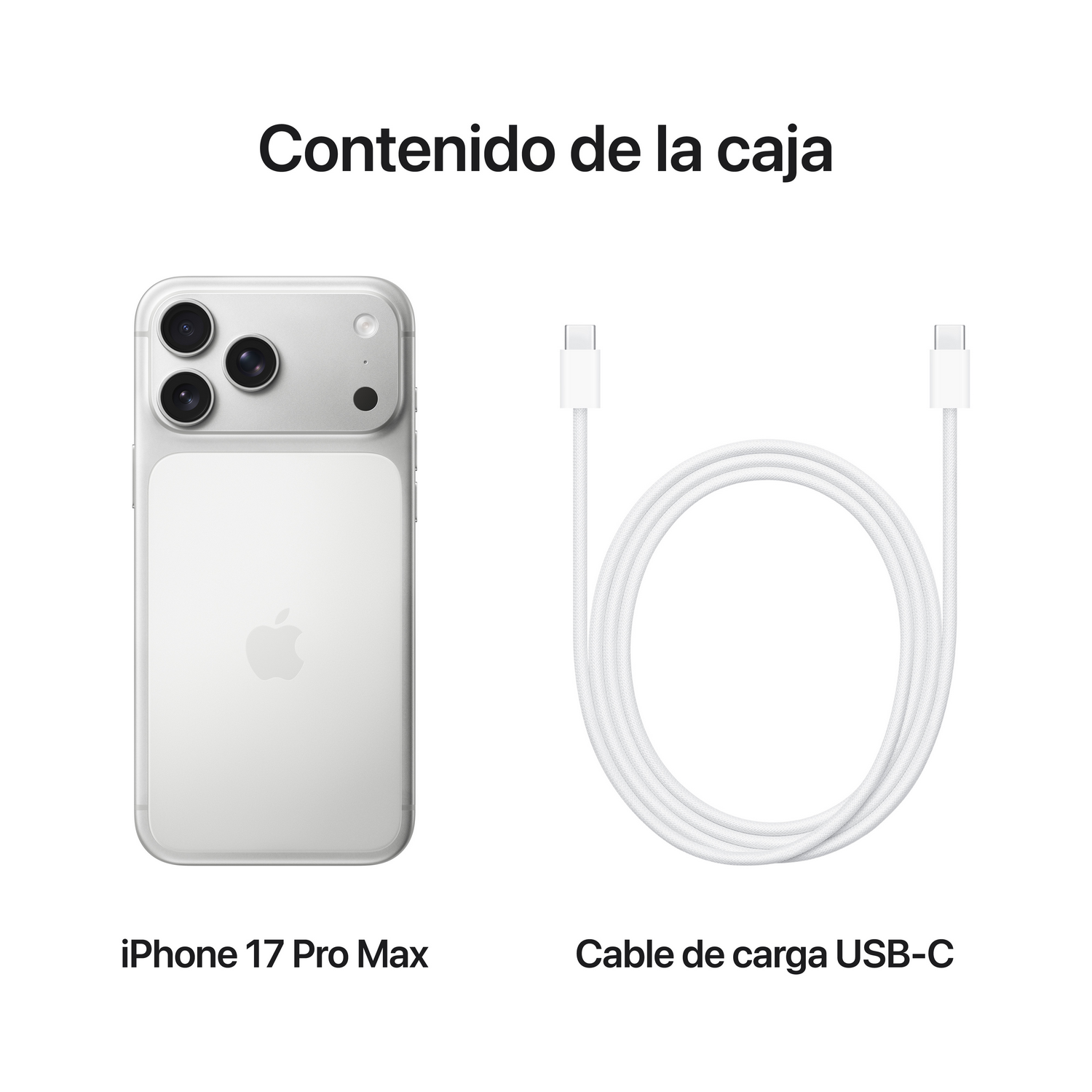 La imagen muestra un iPhone 17 Pro Max blanco y un cable de carga USB-C blanco, etiquetados en español. El texto superior dice 'Contenido de la caja'.