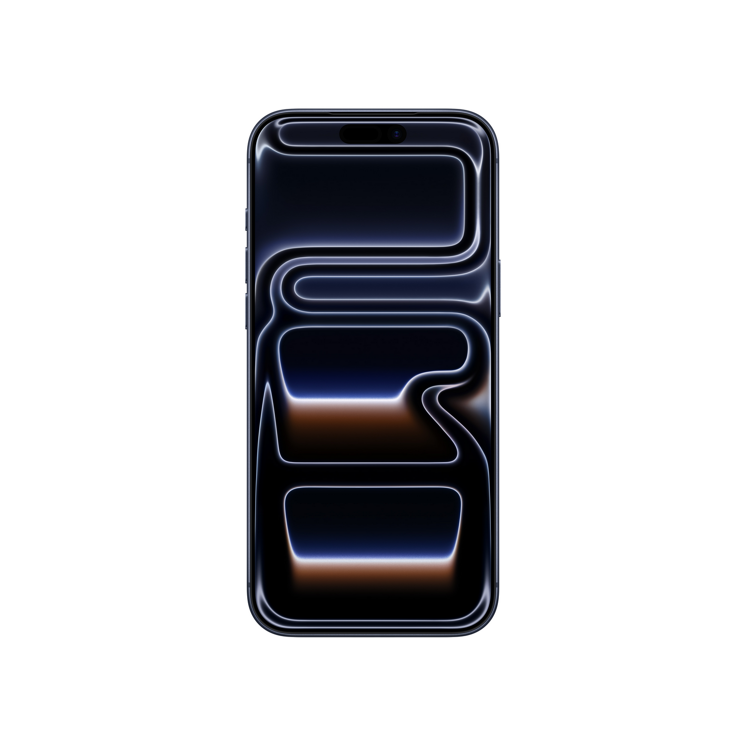 Un teléfono inteligente con un diseño abstracto azul oscuro y marrón en la pantalla, delineado en blanco, sobre un fondo blanco.