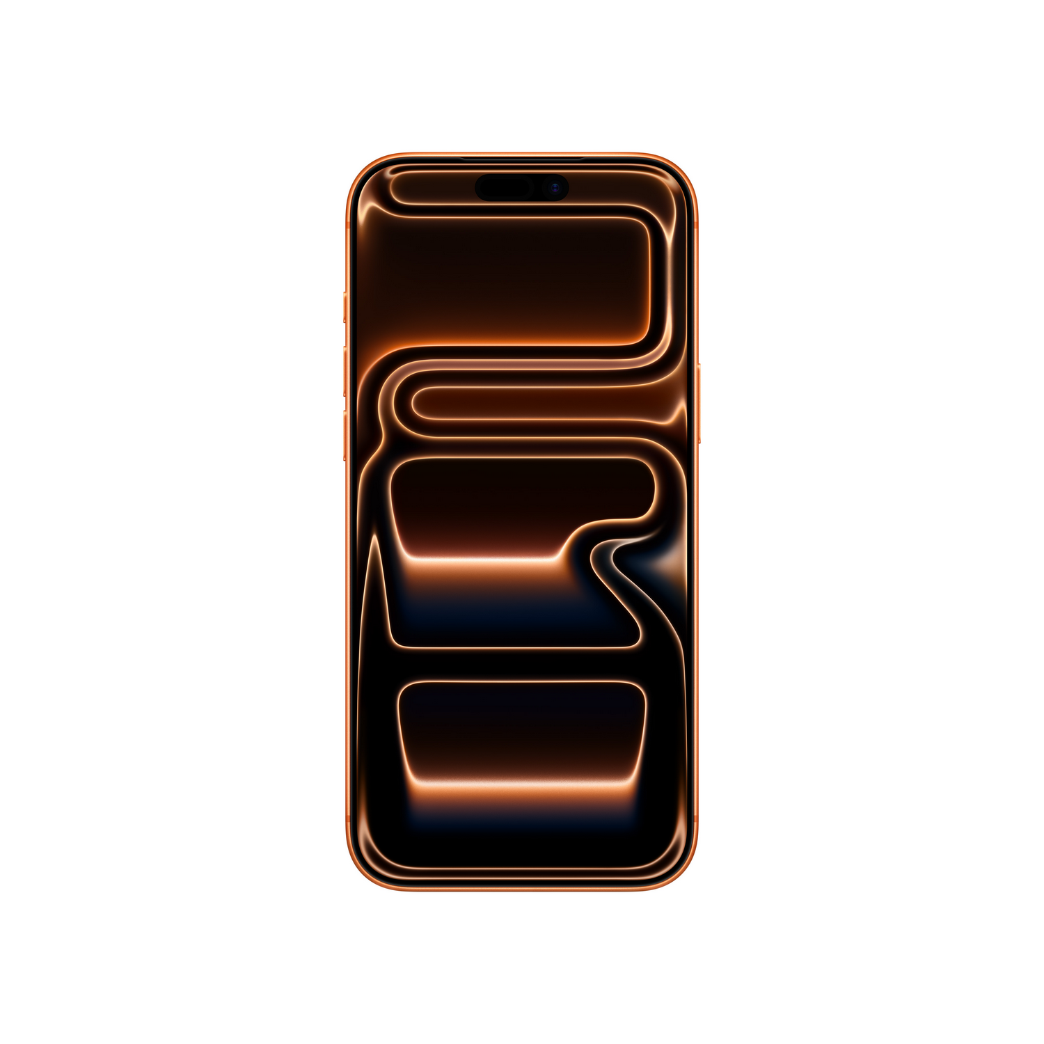 Smartphone con diseño brillante naranja y negro sobre un fondo blanco. El diseño presenta líneas curvas que se asemejan a un circuito.