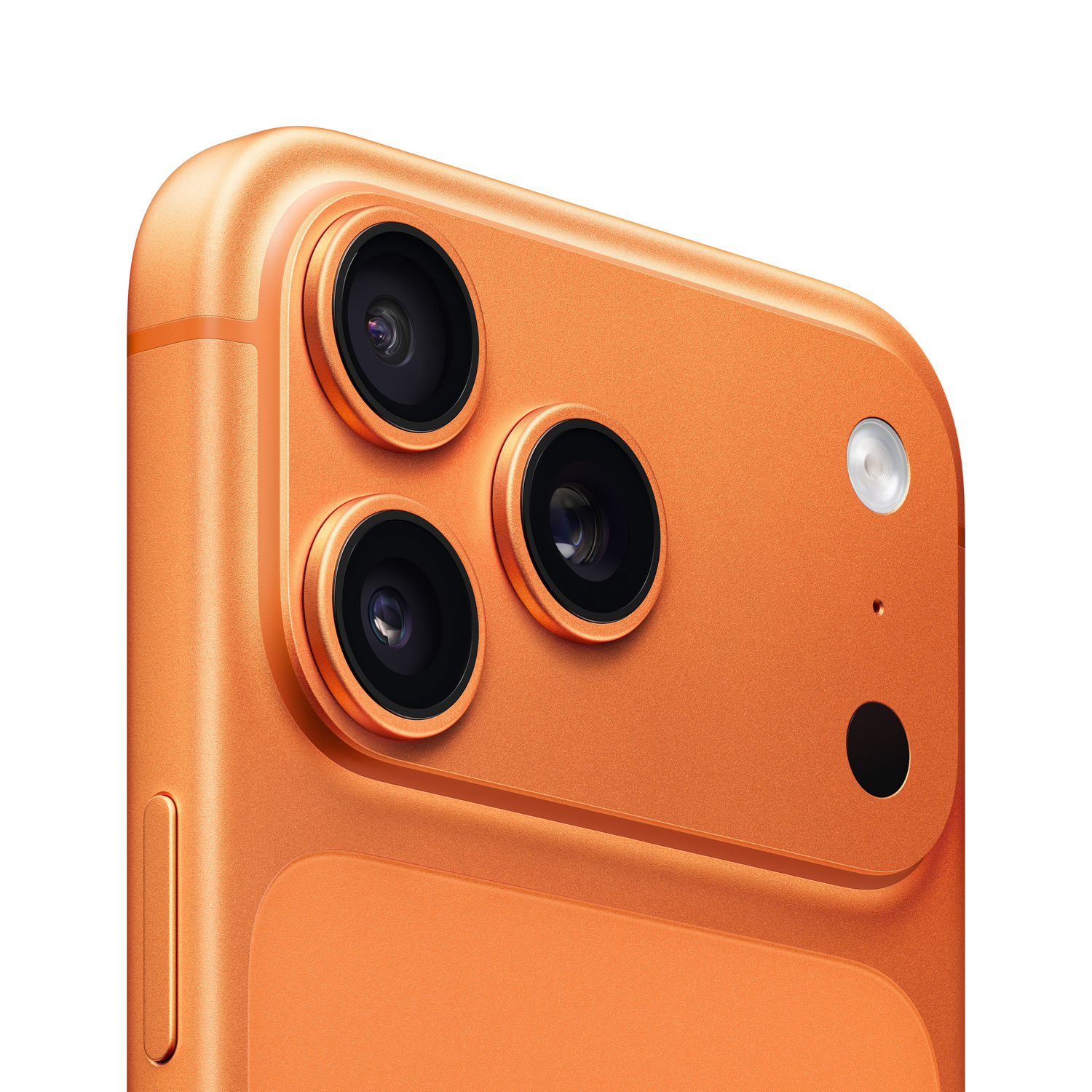 Primer plano de un smartphone naranja. Se ven tres lentes de cámara, junto con un flash y un pequeño punto negro. El fondo es blanco.