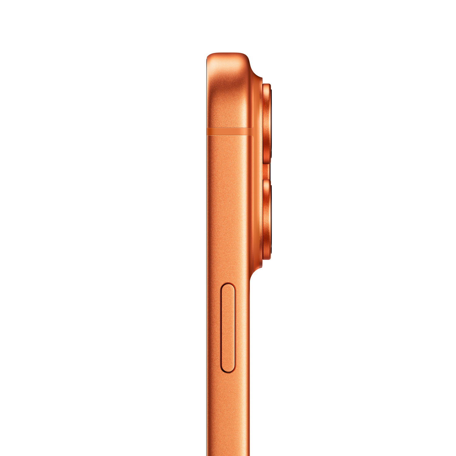 Vista lateral de un teléfono naranja con protuberancia de cámara. El teléfono tiene un botón y superficie texturizada. Fondo blanco.
