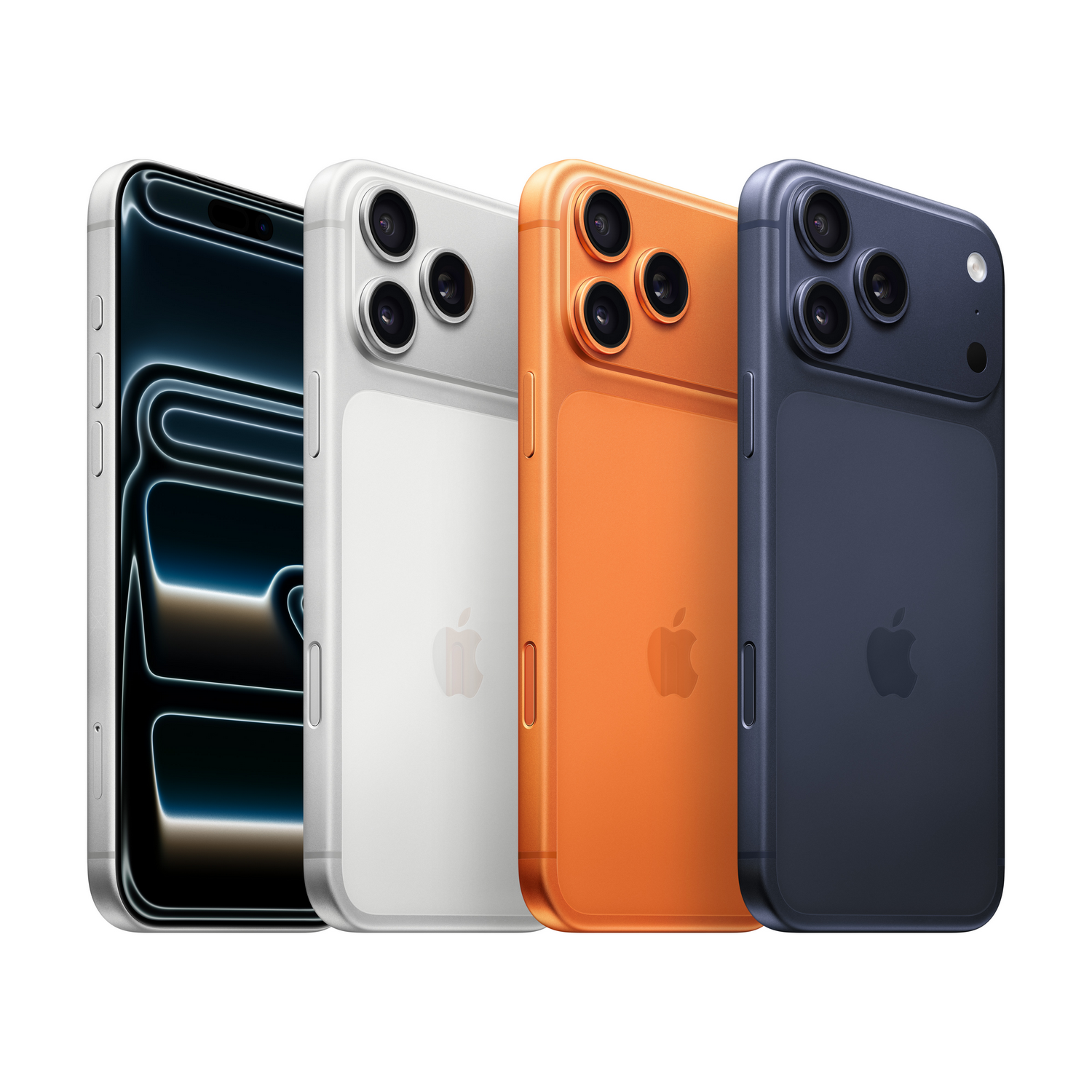 Cuatro smartphones en fila, plateado, blanco, naranja y azul. Cada uno tiene tres cámaras traseras y el logo de Apple.