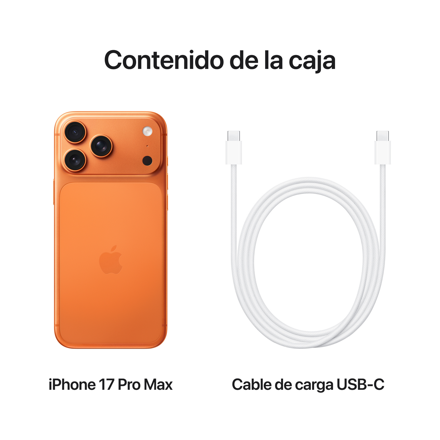 Un iPhone 17 Pro Max naranja y un cable de carga USB-C blanco se muestran sobre un fondo blanco. El texto dice 'Contenido de la caja'.