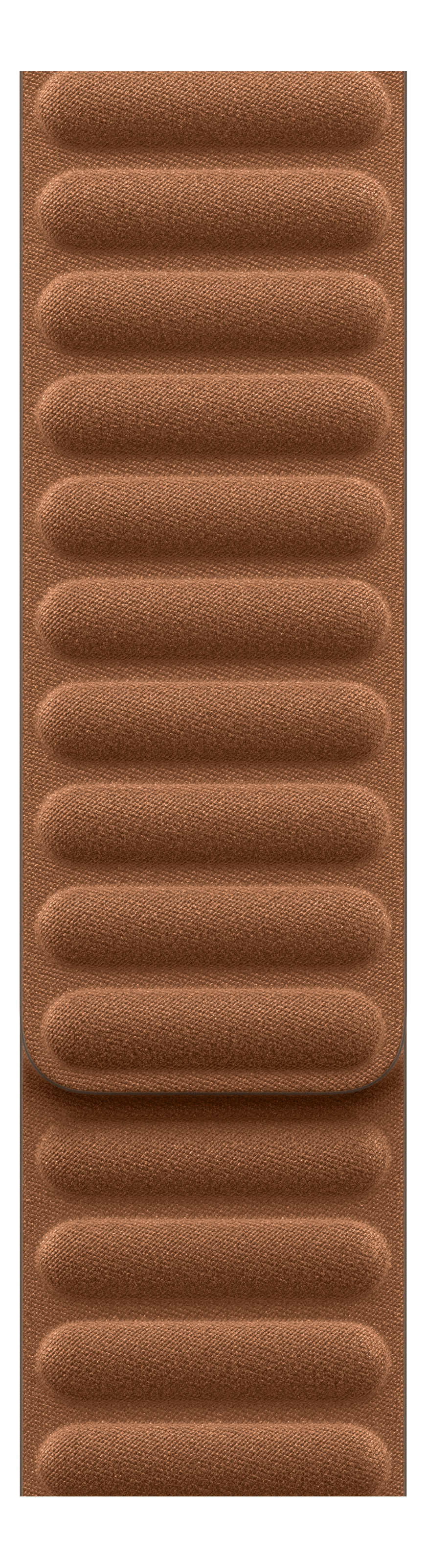 Ein braunes Lederarmband mit strukturierter Oberfläche und horizontalen, abgerundeten Rippen. Der Hintergrund ist schwarz.