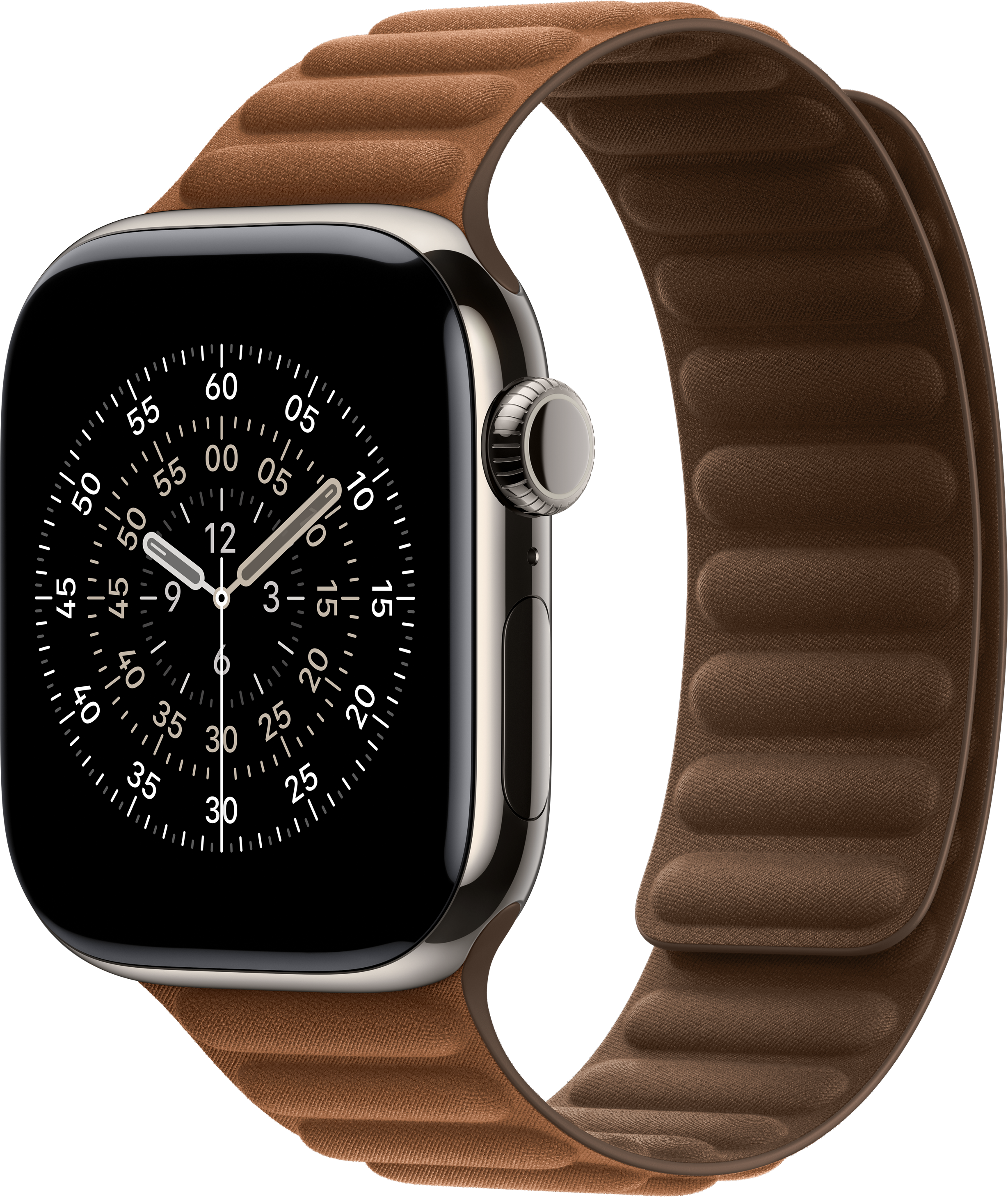 Eine Apple Watch mit braunem Lederarmband. Das Zifferblatt zeigt die Zeit. Schwarzer Hintergrund.