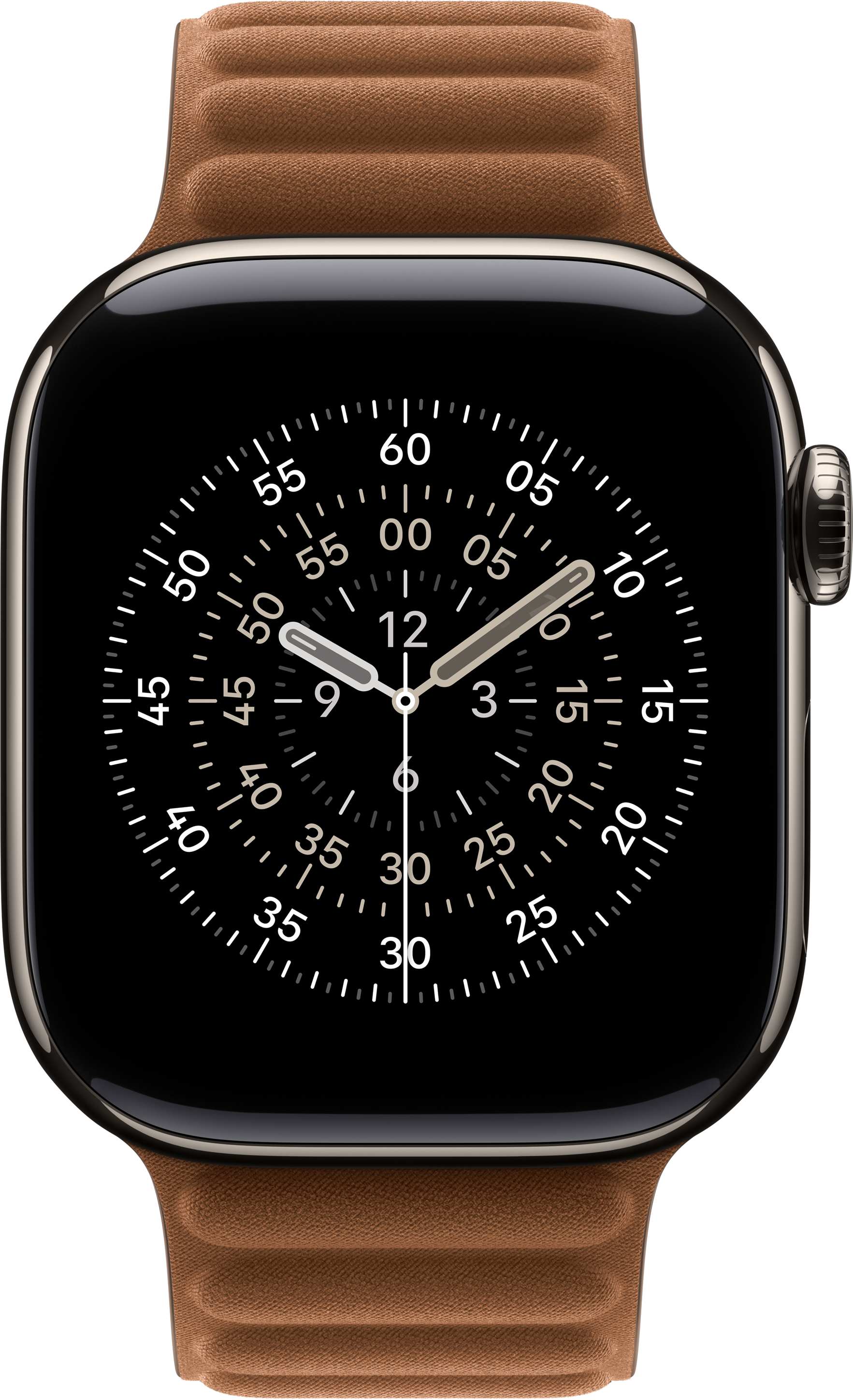 Nahaufnahme einer Smartwatch mit schwarzem Zifferblatt und hellbraunem Lederarmband. Die Zeit ist etwa 9:15 Uhr.