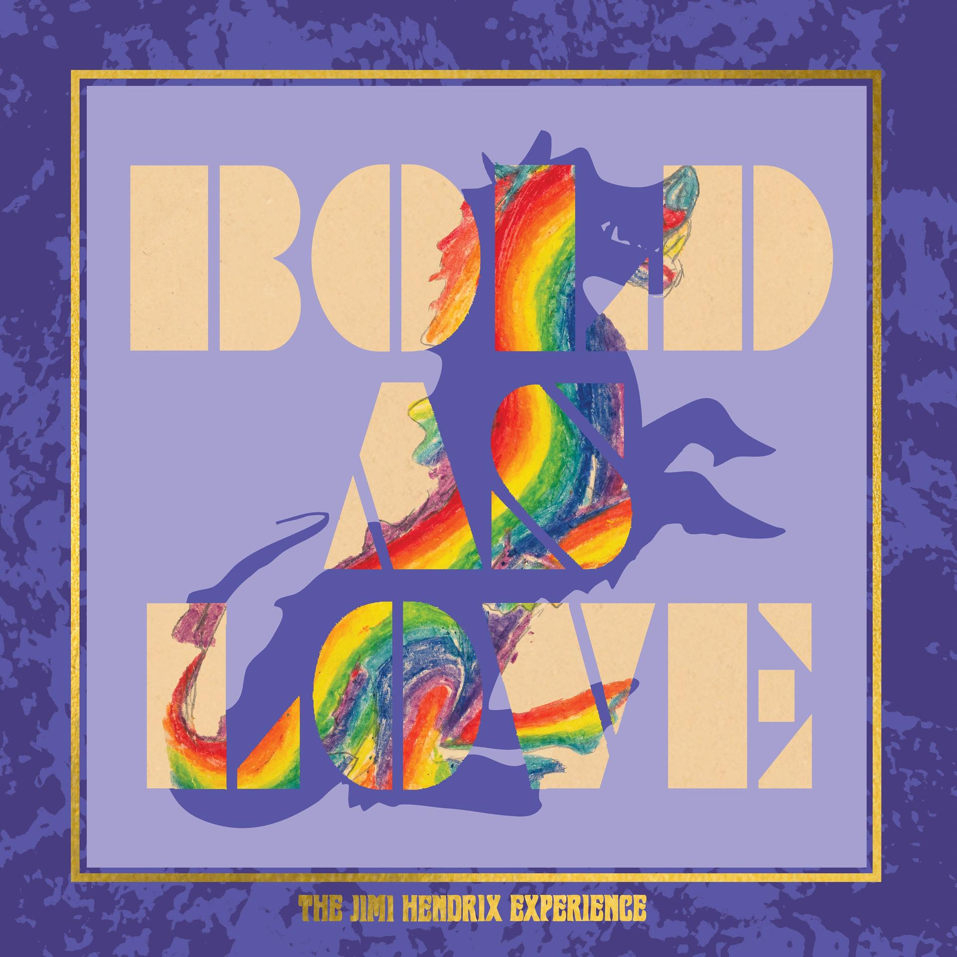 Albumhoes voor 'Bold as Love' van The Jimi Hendrix Experience. Paarse achtergrond, gouden kader, regenboogletters en silhouet.