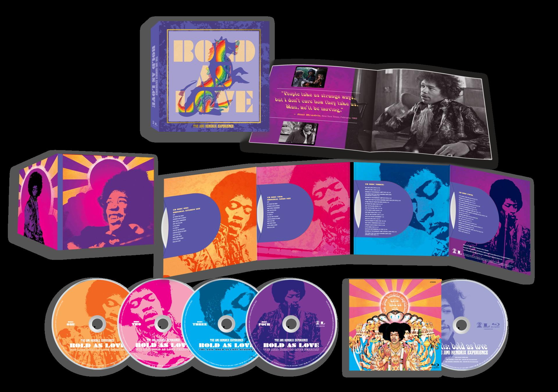 Een cd-set met albumhoes met Jimi Hendrix en de woorden "Bold as Love". Verschillende schijven en een Blu-ray zijn zichtbaar.