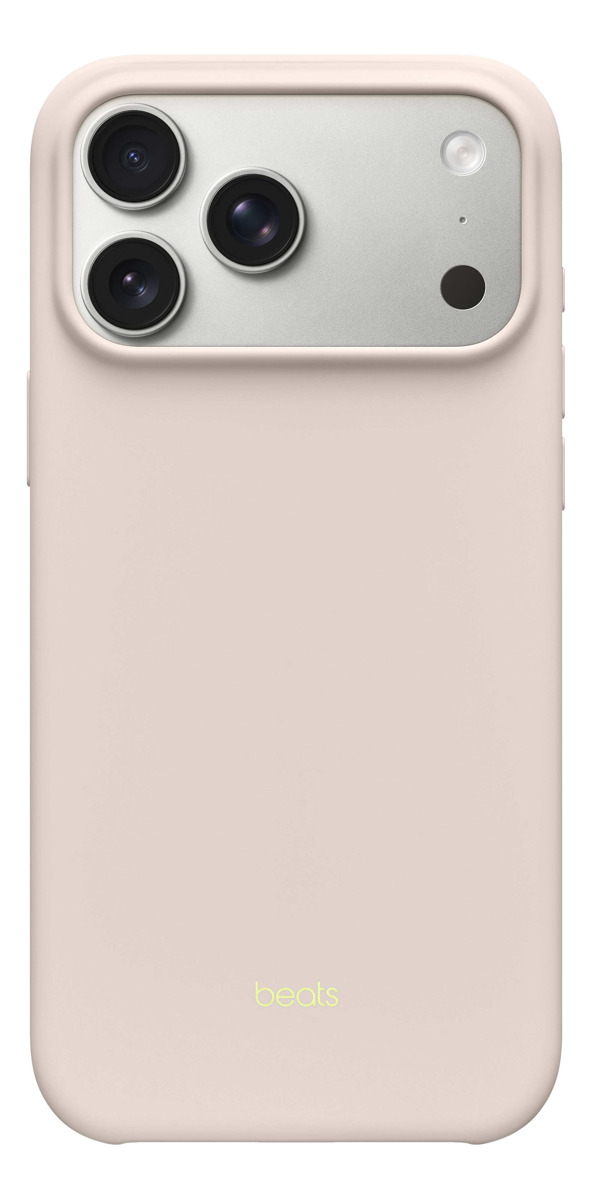Coque de téléphone avec trois caméras et un flash. La coque est rose clair. La marque 'beats' est en bas.