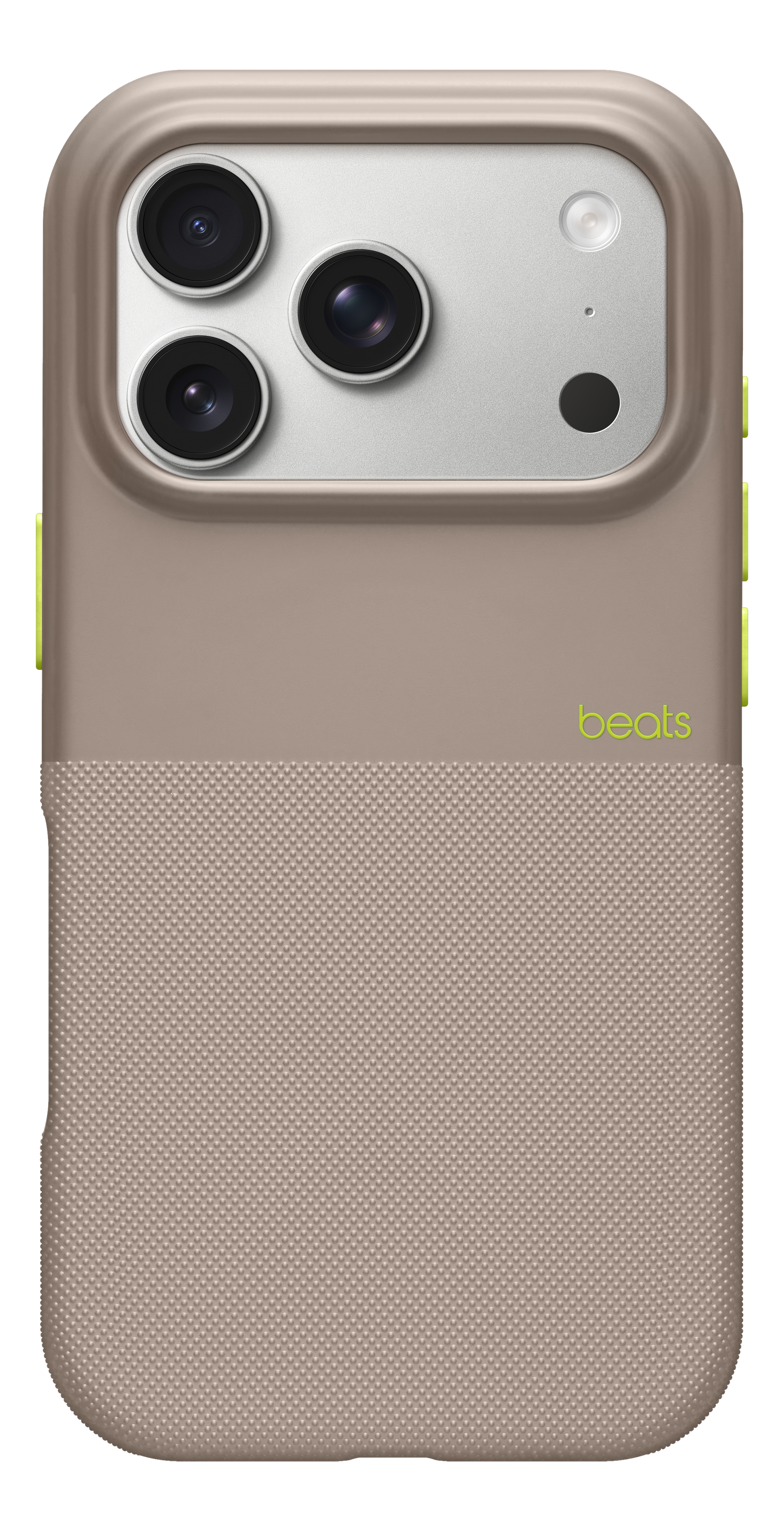 Coque de téléphone avec trois objectifs, un flash et une section inférieure texturée. L'étui est taupe avec des accents vert citron.