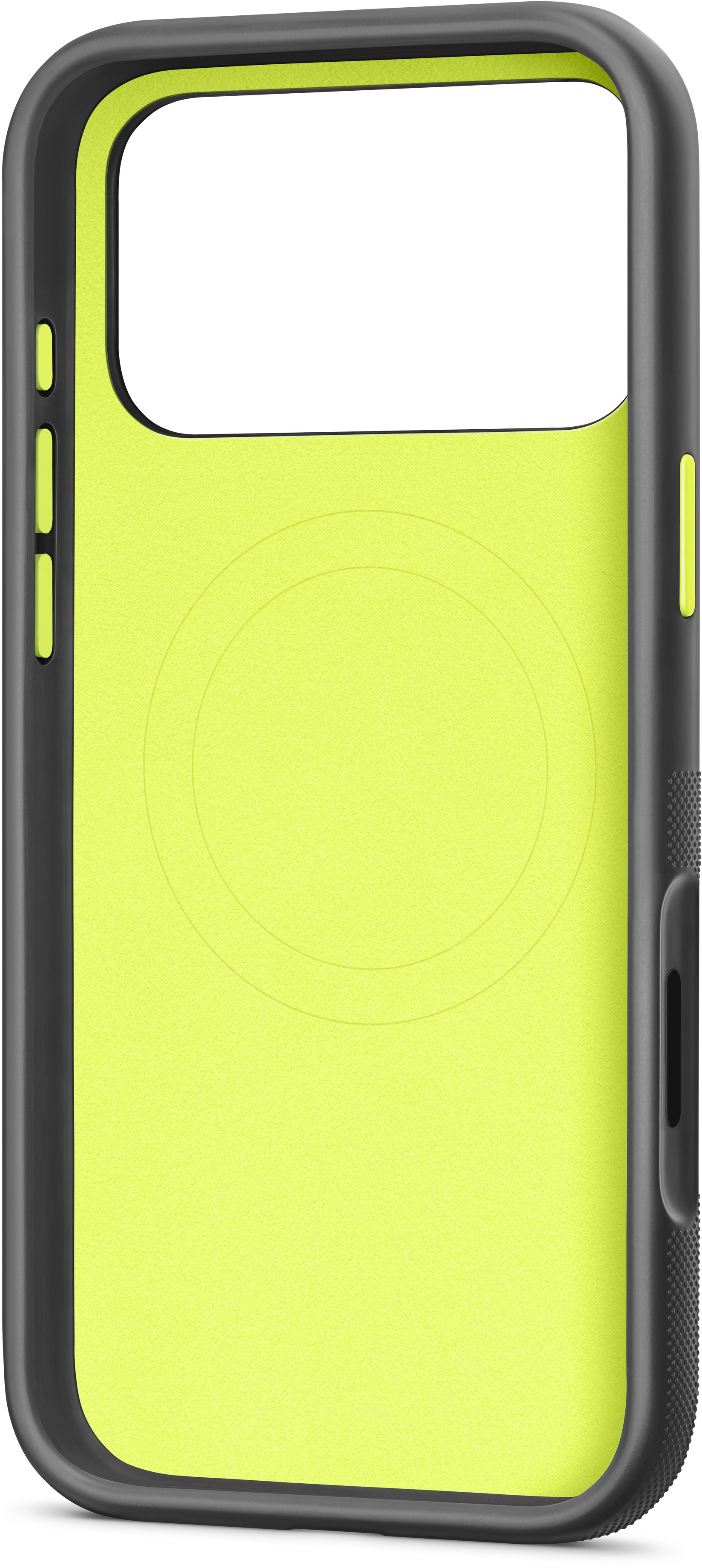 Une coque de téléphone avec un cadre noir et un intérieur jaune vif. Des boutons et une découpe pour la caméra sont visibles.