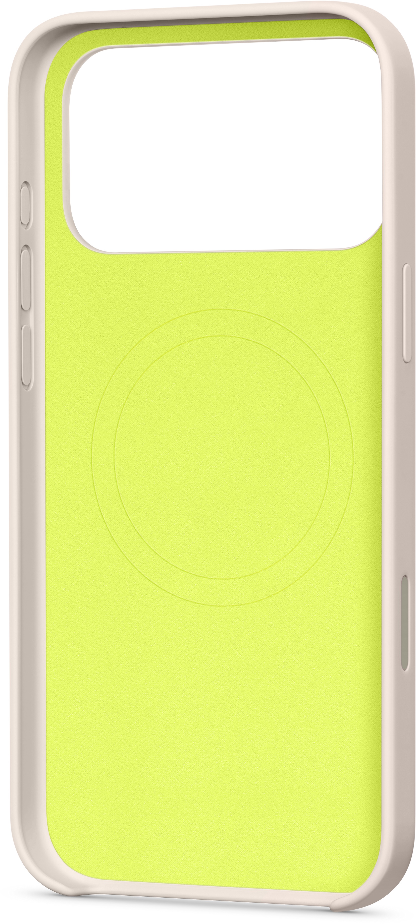Une coque iPhone avec intérieur jaune et extérieur beige clair. Avec découpes pour l'appareil photo et les boutons.