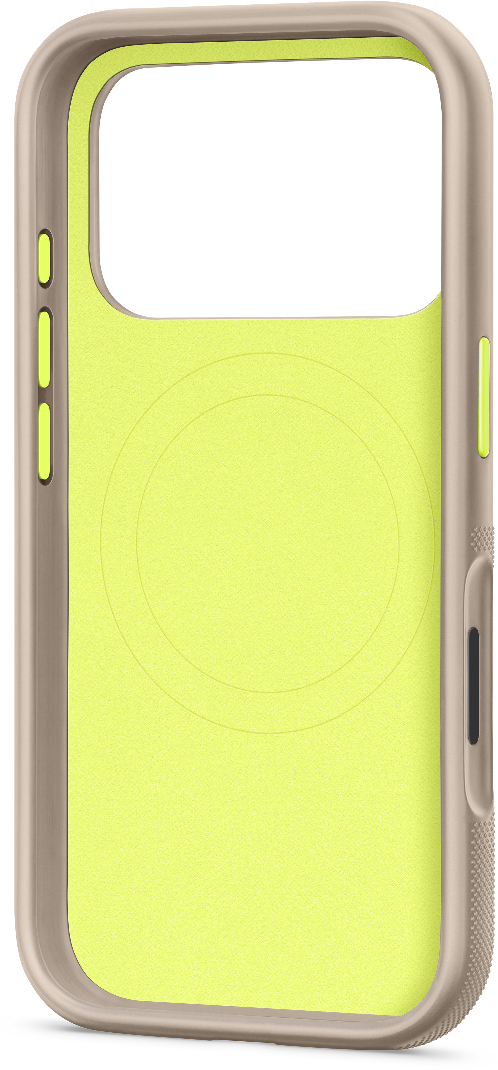Une coque de téléphone avec un intérieur vert lime et un cadre beige. Le cadre a des boutons et une prise texturée.