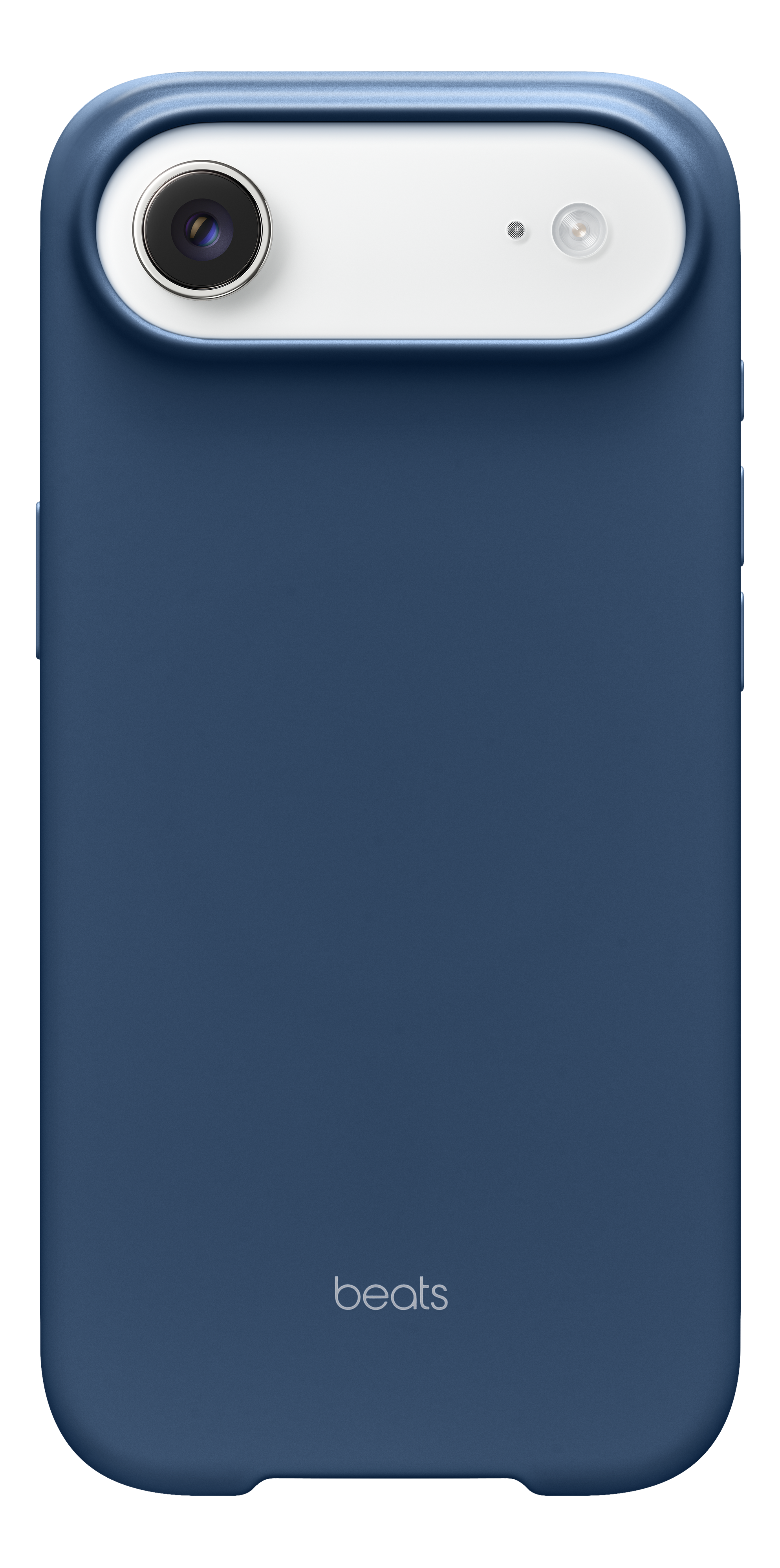 Un étui de téléphone bleu avec une partie supérieure blanche contenant un appareil photo et un flash. Le mot 'beats' est sur l'étui.