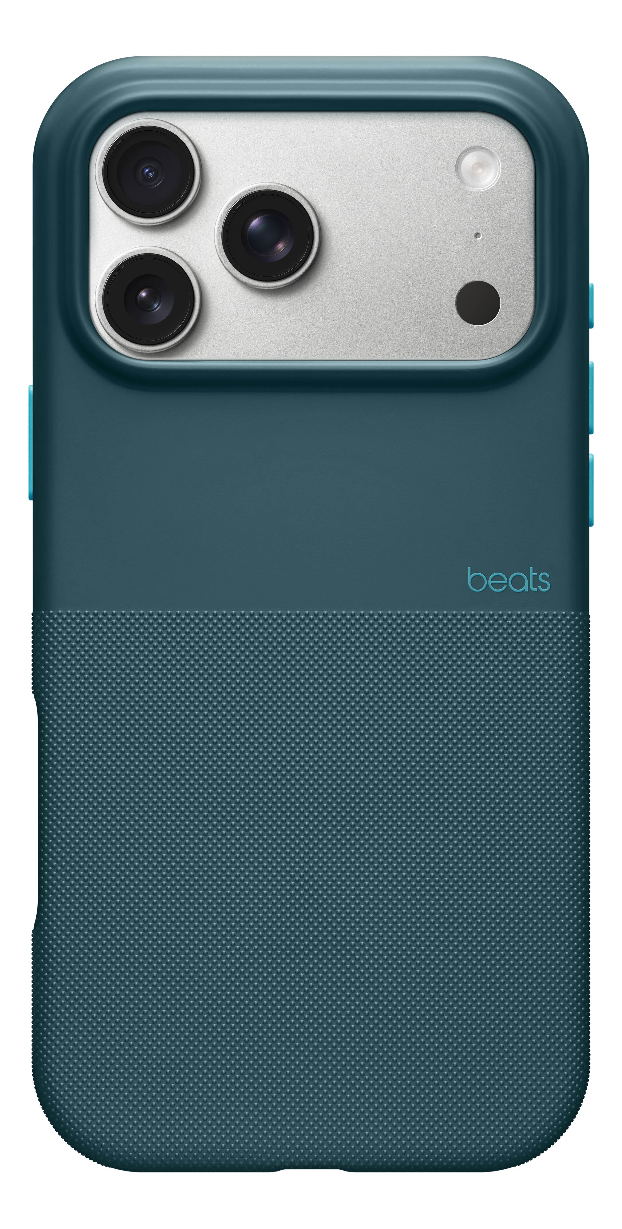 Gros plan d'une coque de téléphone vert d'eau. Elle a trois objectifs, un flash et le logo 'beats'.