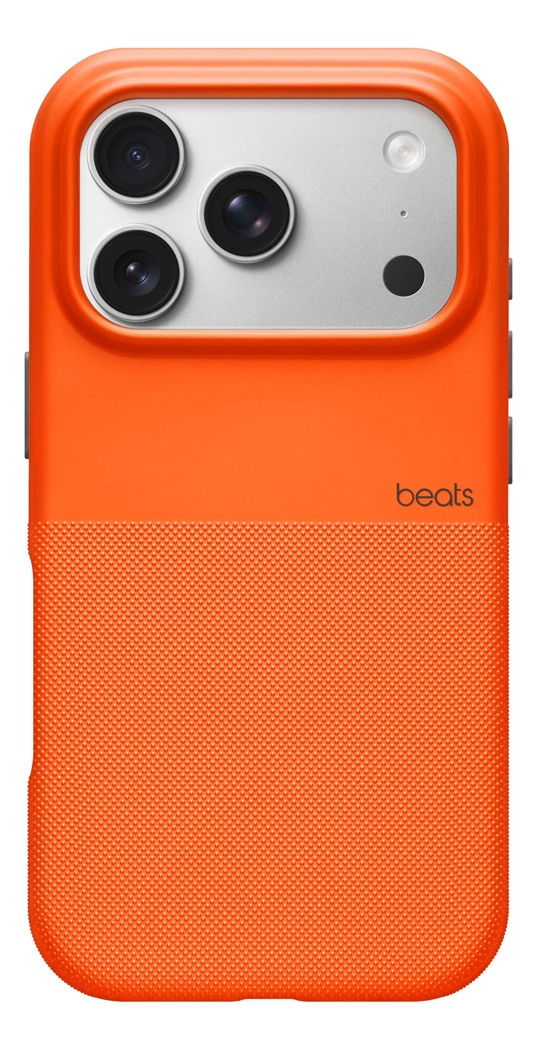 Coque de téléphone orange avec zone caméra argentée. Trois lentilles, flash et logo 'beats'. Bas texturé.