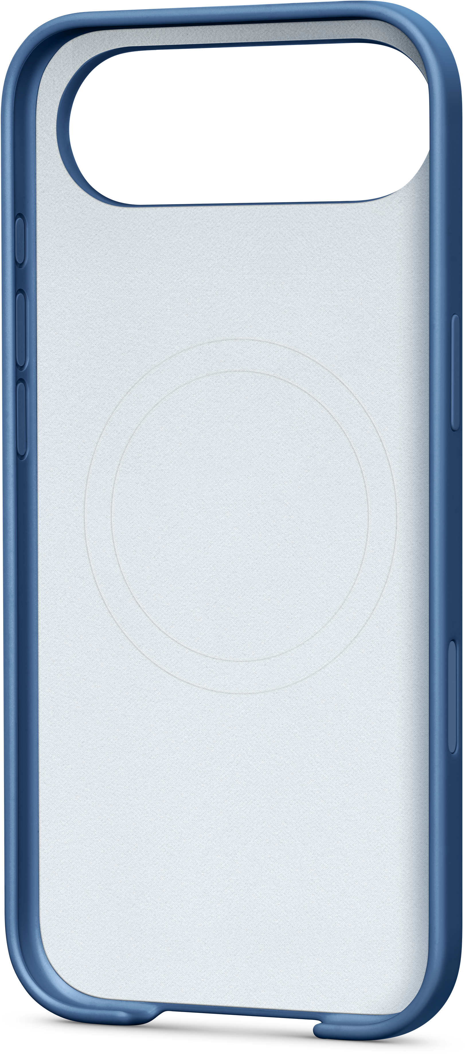 Une coque de téléphone bleue. L'intérieur est blanc, avec un design circulaire. La coque a des découpes pour les boutons et l'appareil photo.