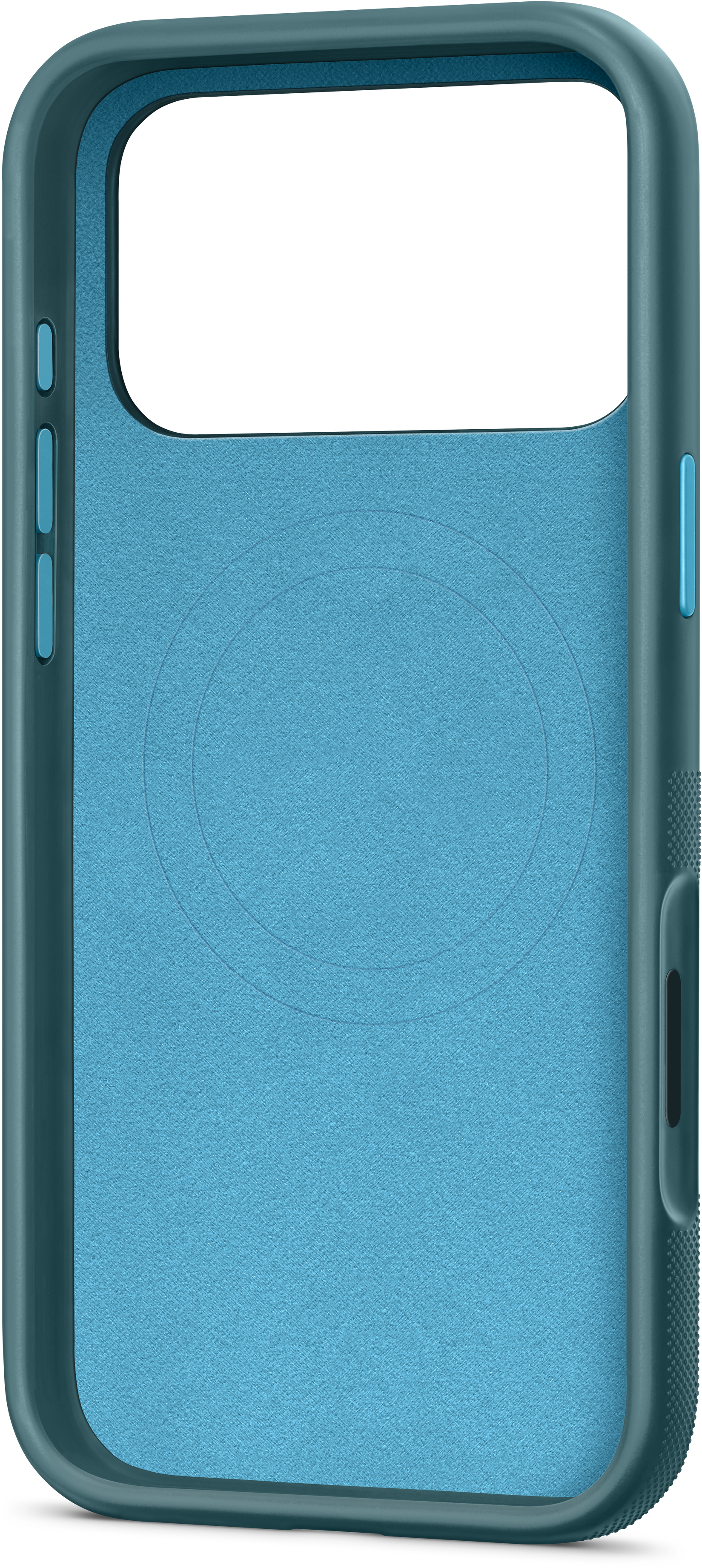 Gros plan sur une coque de téléphone bleu-vert. L'intérieur est bleu clair, avec un détail circulaire. Le cadre extérieur est bleu-vert.