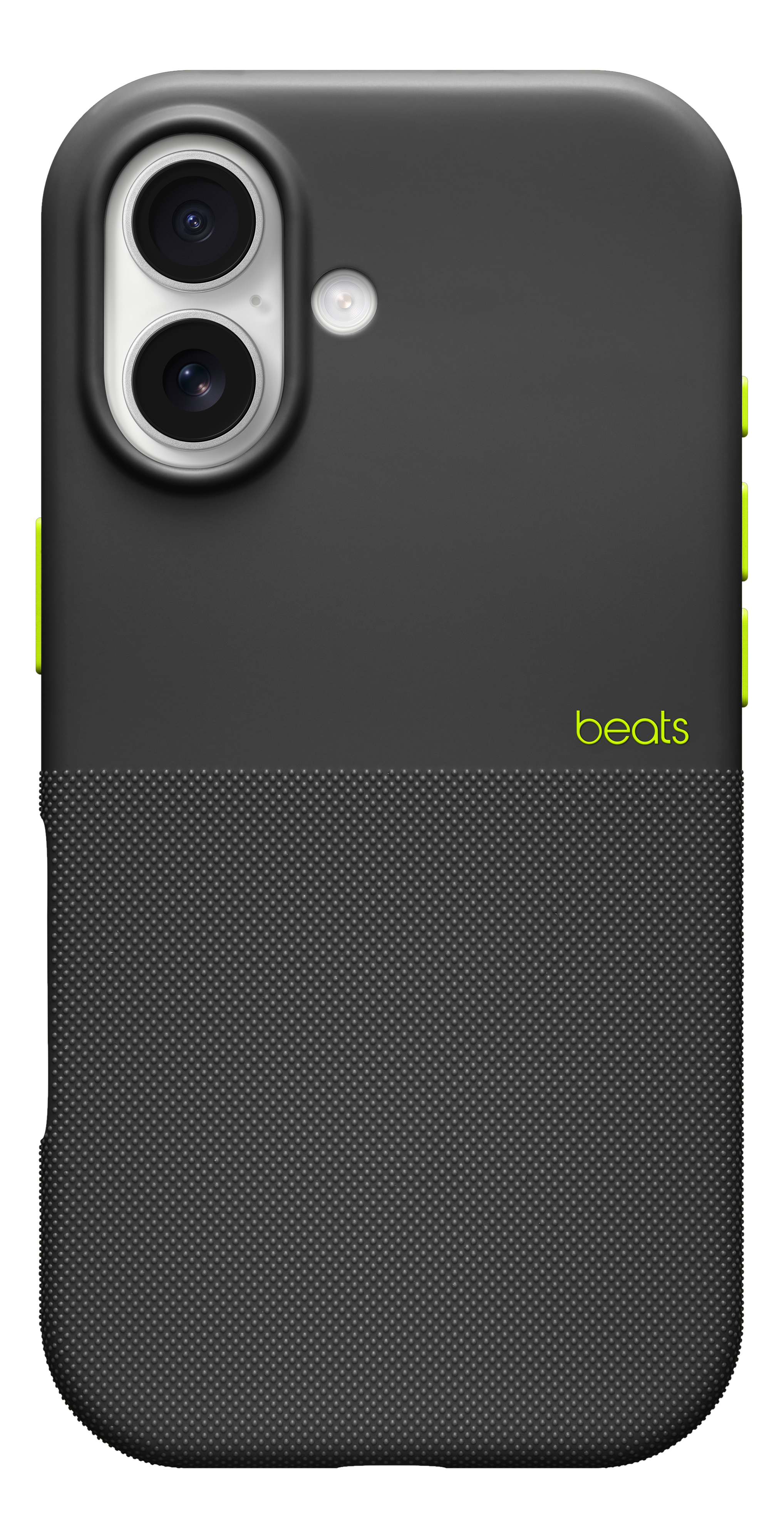Une coque de téléphone noire avec un bas texturé, deux lentilles de caméra, un flash et le mot "beats" en vert néon.