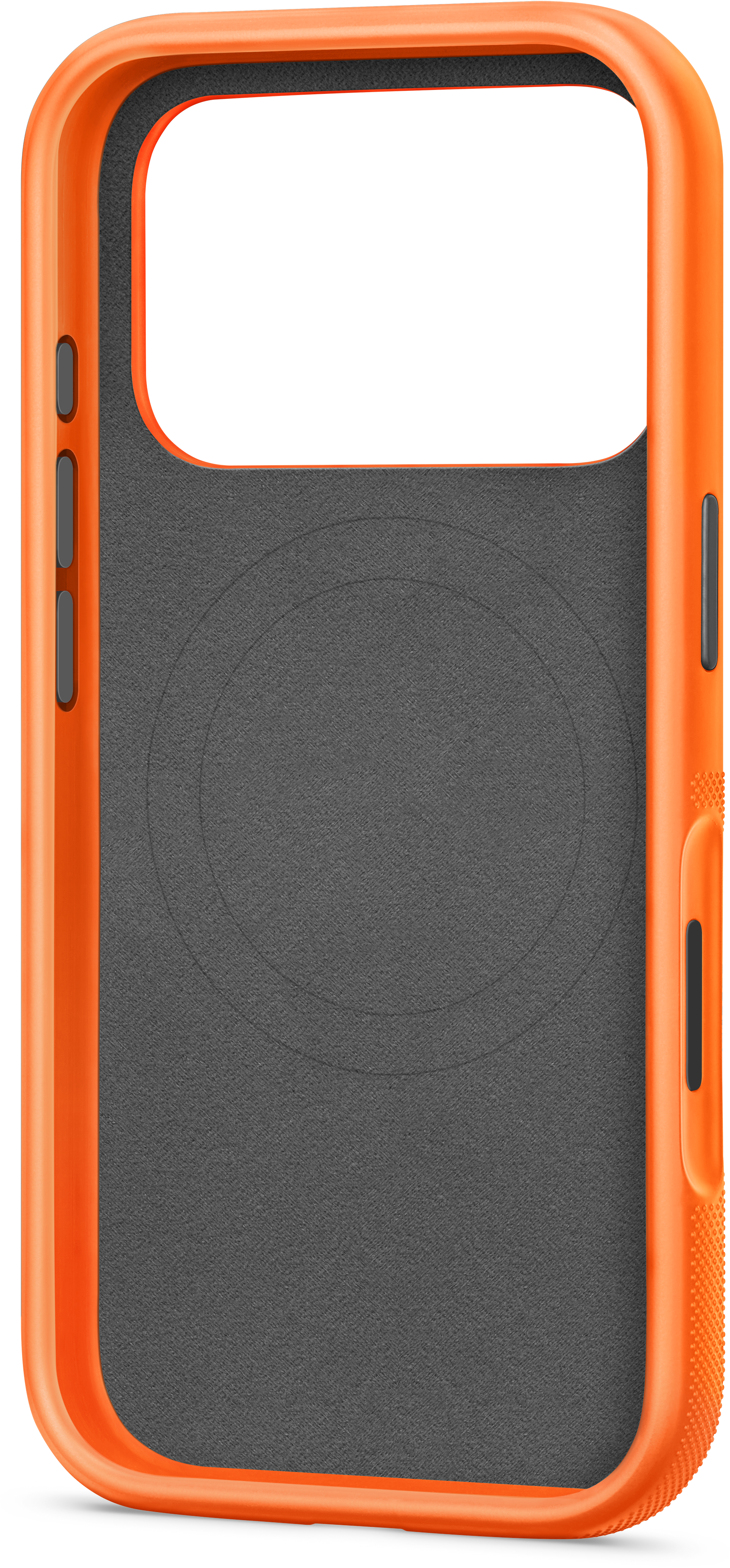 Une coque de téléphone orange avec un intérieur gris. La coque a des découpes pour les boutons. L'intérieur a un design circulaire.