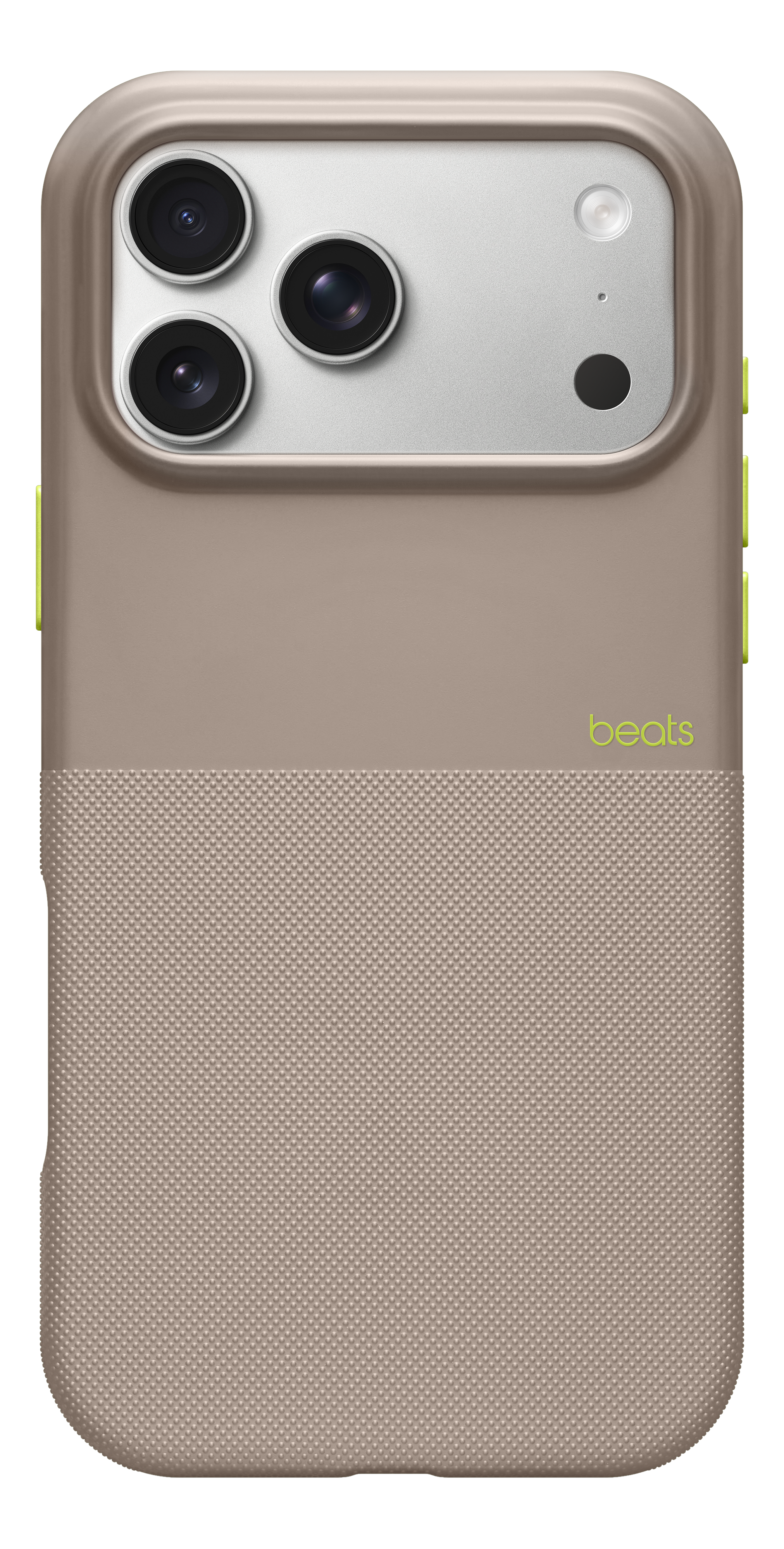 Une coque de téléphone avec trois objectifs d'appareil photo, un flash et un logo Beats. La coque est beige avec des accents verts. Le bas a un motif texturé.