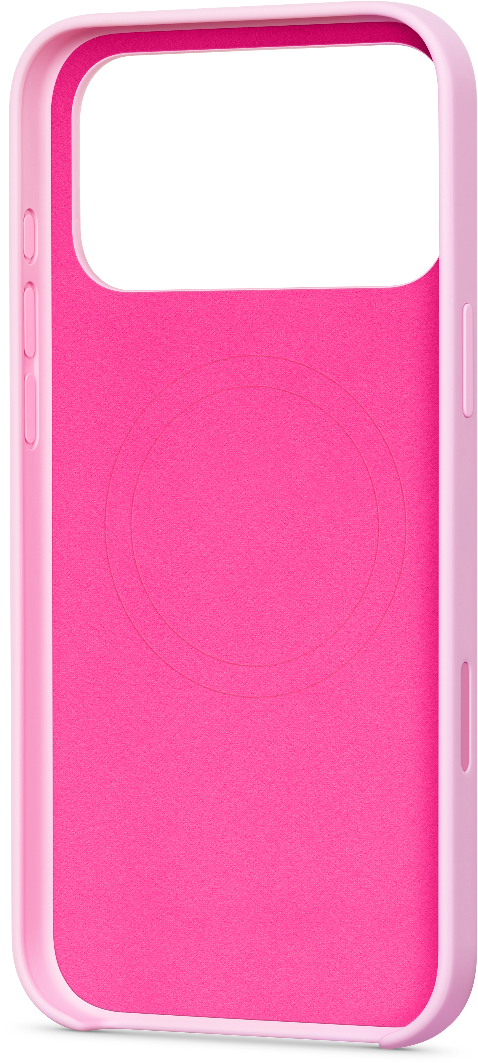 Eine rosa Handyhülle. Die Innenseite ist dunklerrosa. Die Hülle hat Knopfausschnitte und eine kreisförmige Kontur innen.