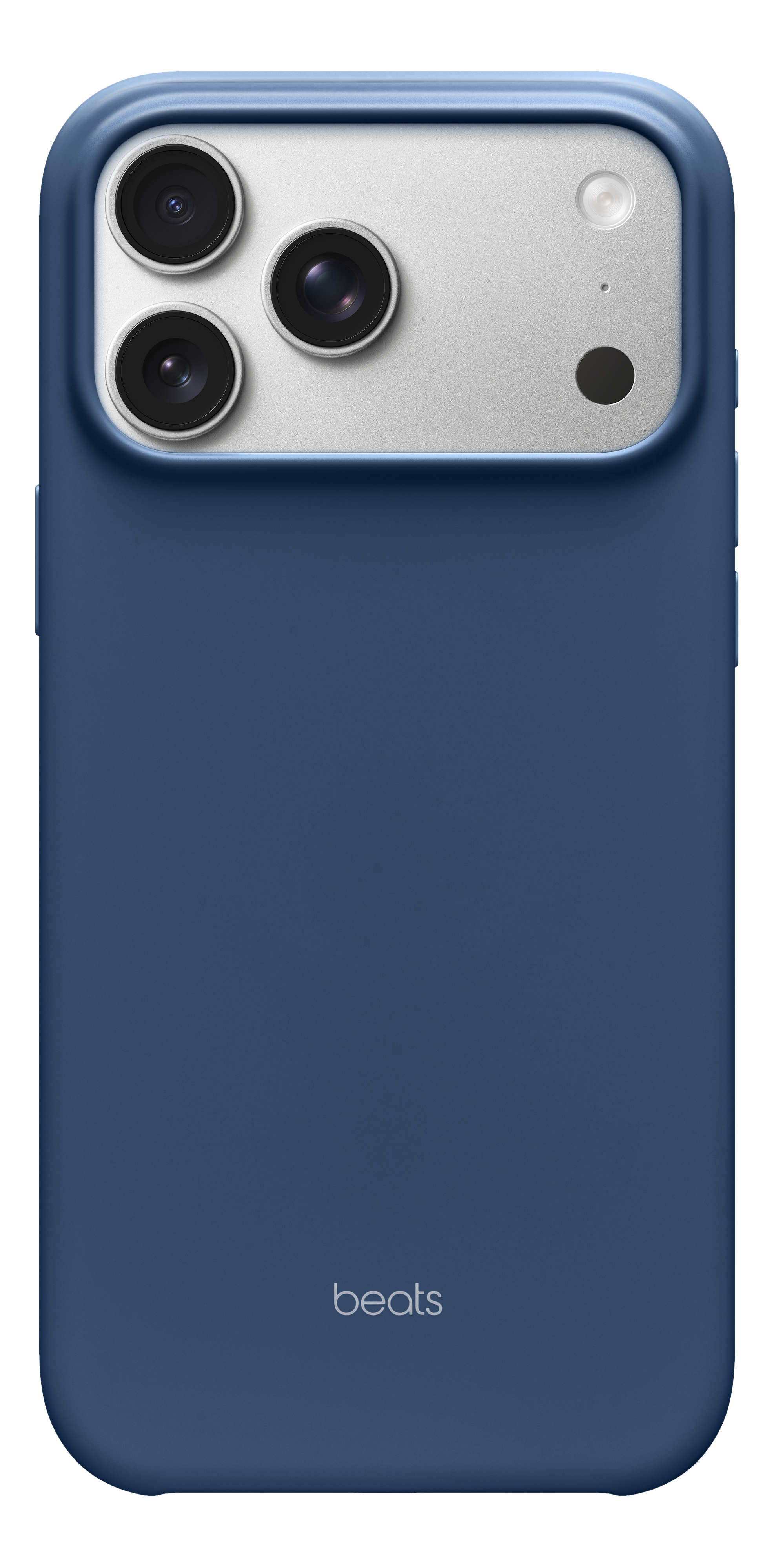 Un étui de téléphone bleu avec trois caméras, un flash et le logo 'beats'. Le téléphone est sur fond noir.