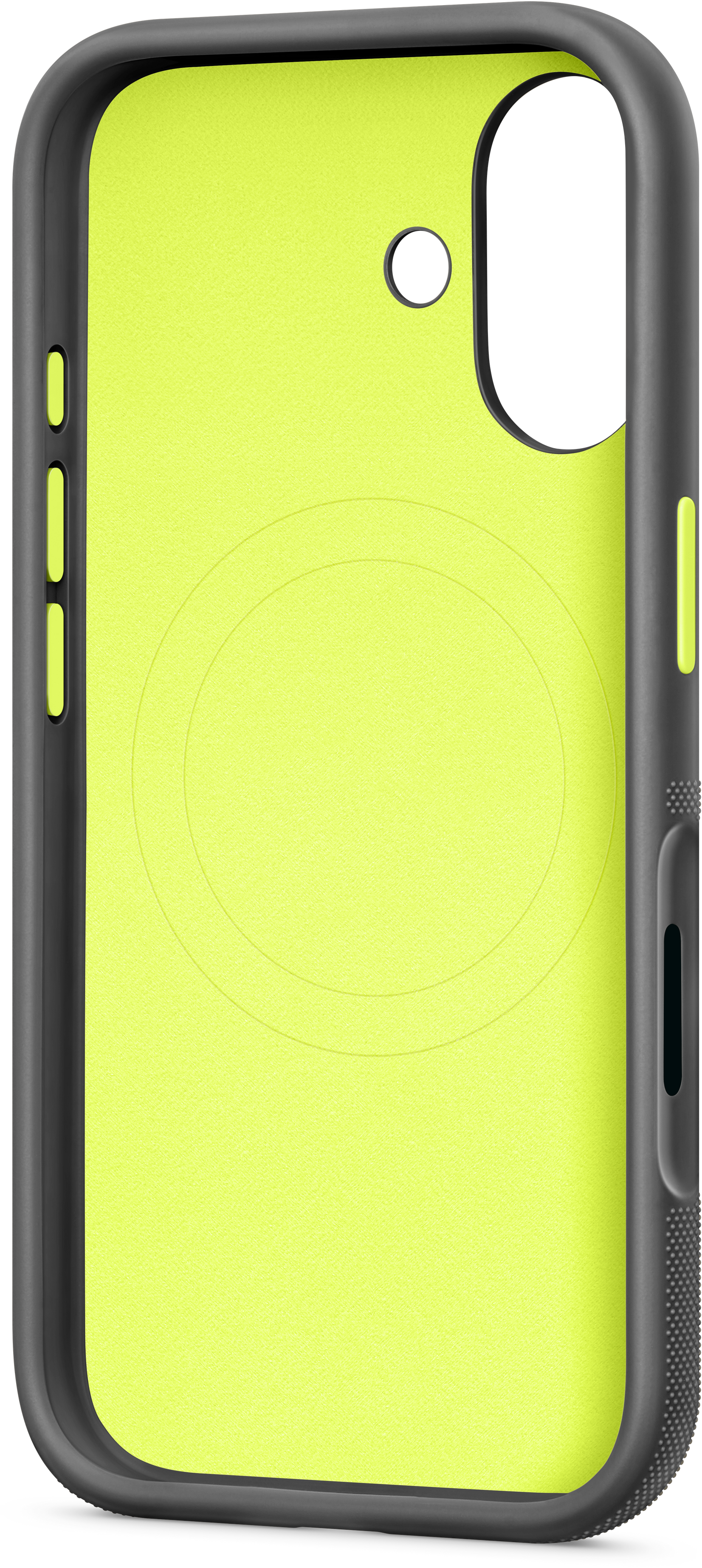 Coque de téléphone, intérieur jaune néon, cadre noir. Avec découpes de boutons et ouverture de caméra. Surface texturée.