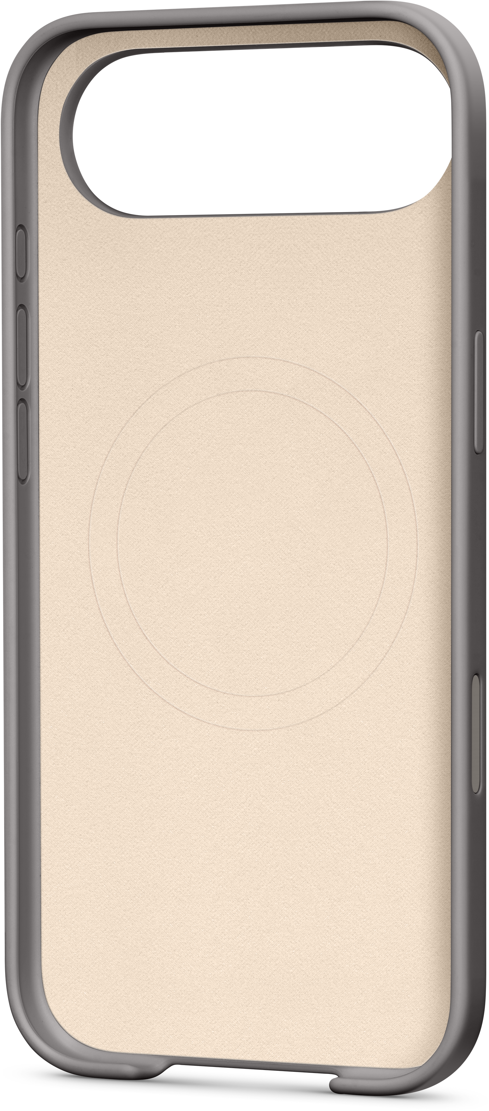 Une coque de téléphone beige clair, avec un cadre gris foncé et un contour circulaire MagSafe.