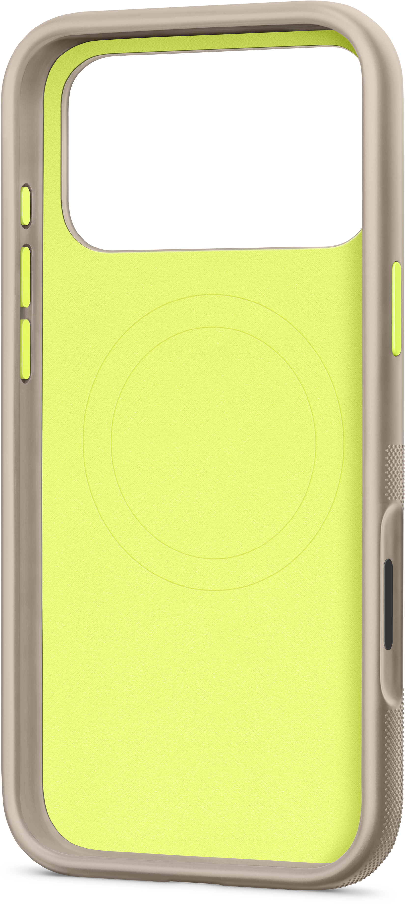 Une coque de téléphone, jaune à l'intérieur avec un cadre beige. Ouverture de caméra et boutons visibles. Côté texturé.